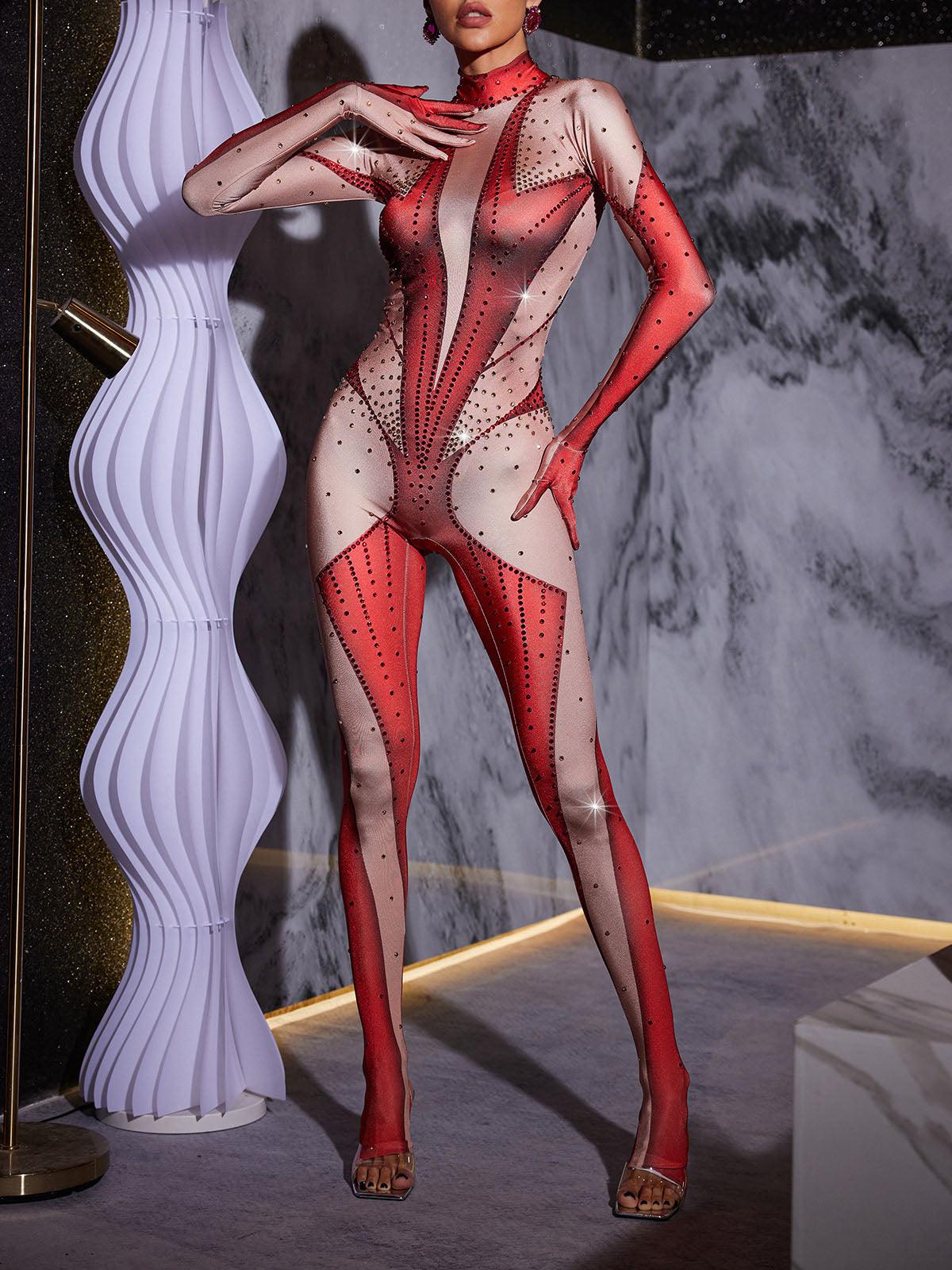 Kırmızı Pera Body Baskılı Rhinestone Eldivenli Tulum