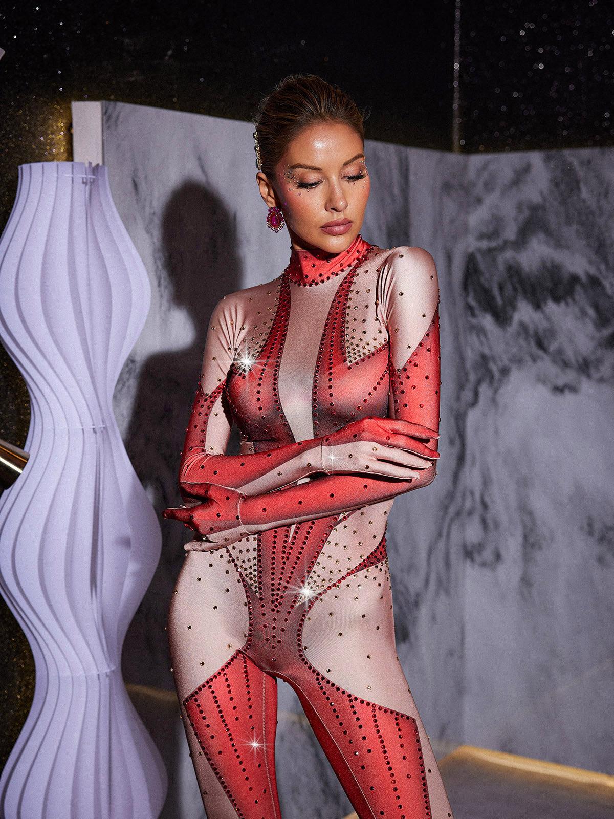 Kırmızı Pera Body Baskılı Rhinestone Eldivenli Tulum