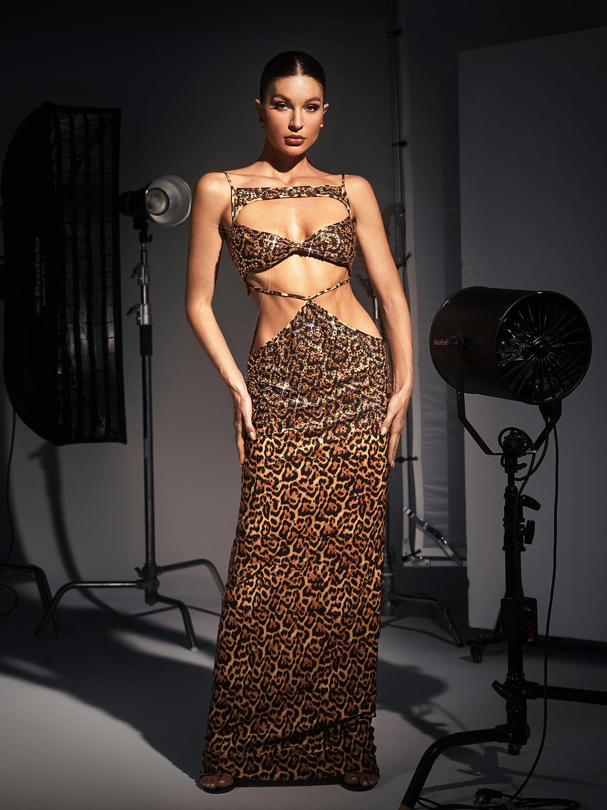 Peyton Kristal Süslemeli Leopar Maxi Elbise