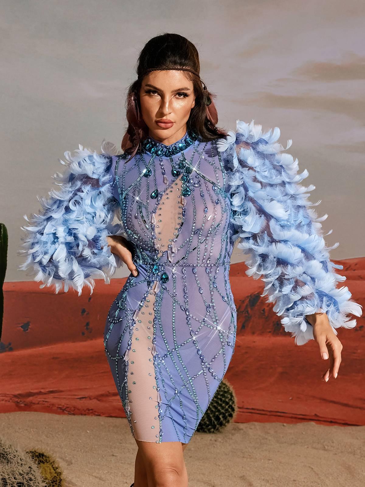 Platon Uzun Kollu Tüy Süslemeli Mini Elbise