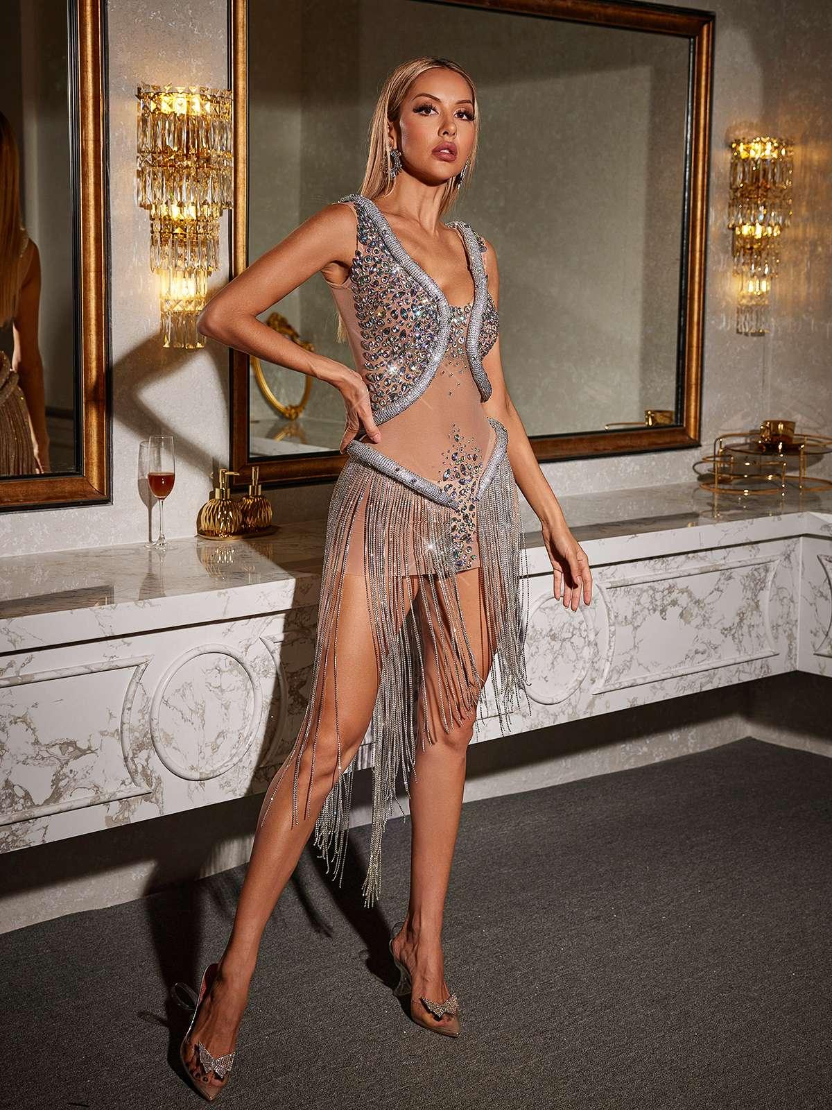 Plüton V Yaka Yılan Kristal Franje Mini Elbise