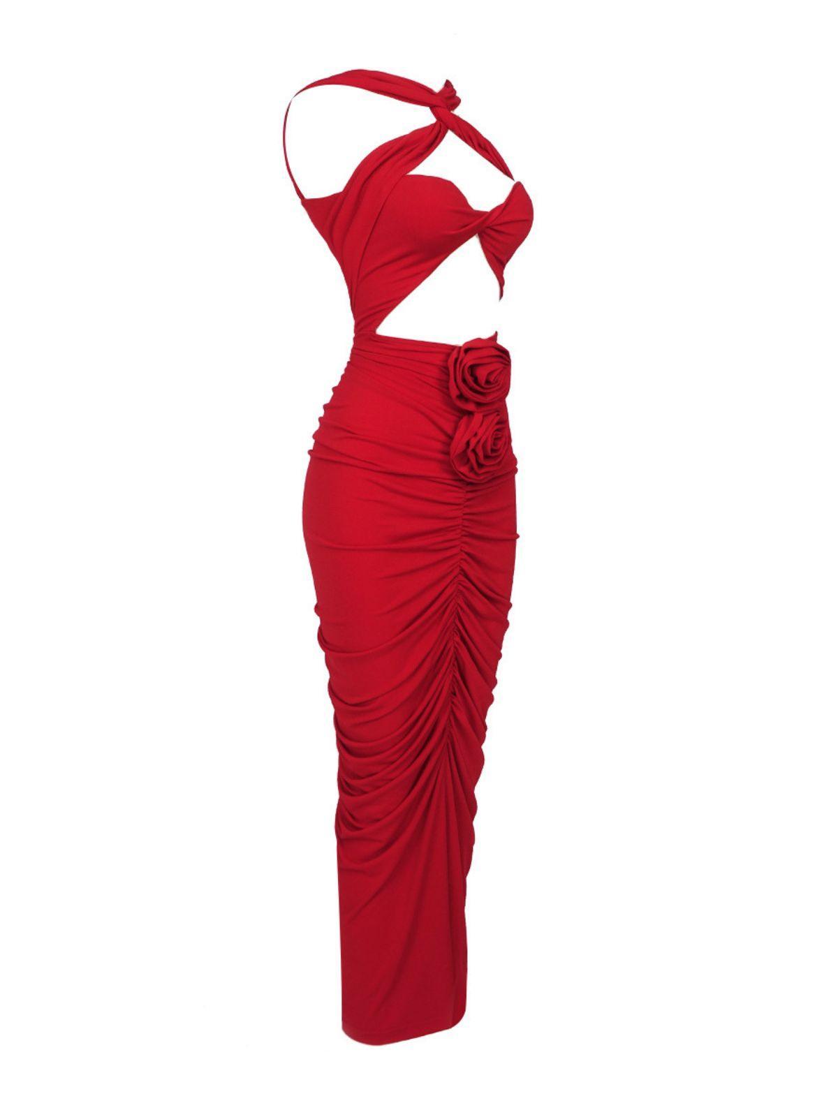 Kırmızı Pomeline Rose Bodycon Maxi Elbise