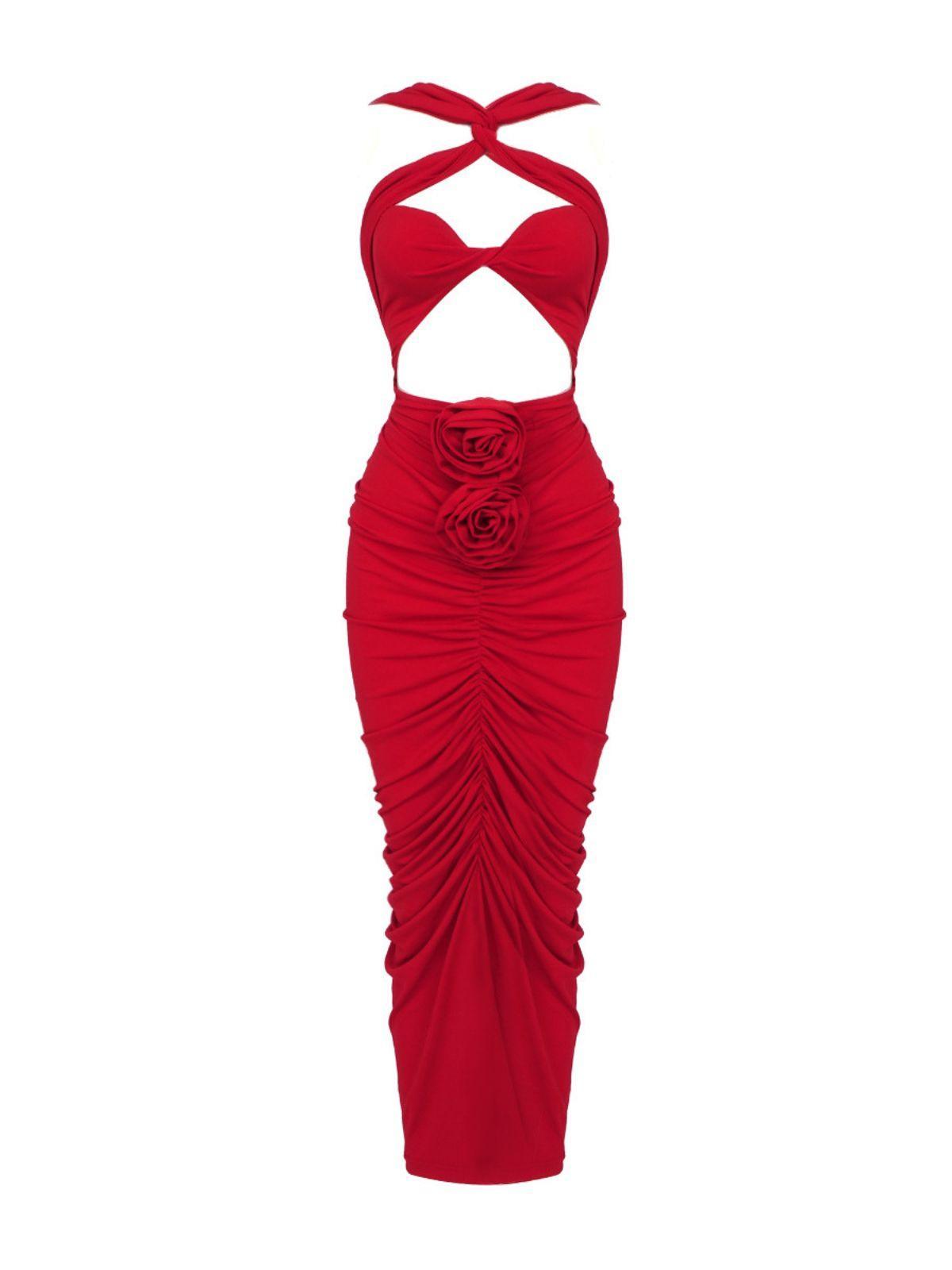 Kırmızı Pomeline Rose Bodycon Maxi Elbise