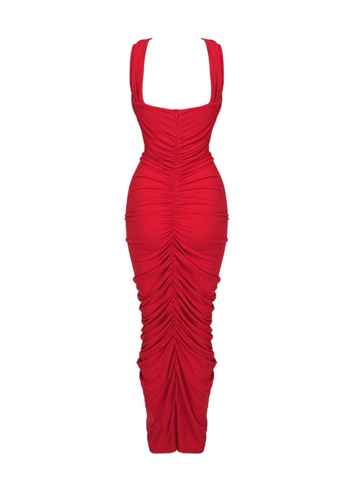 Kırmızı Pomeline Rose Bodycon Maxi Elbise