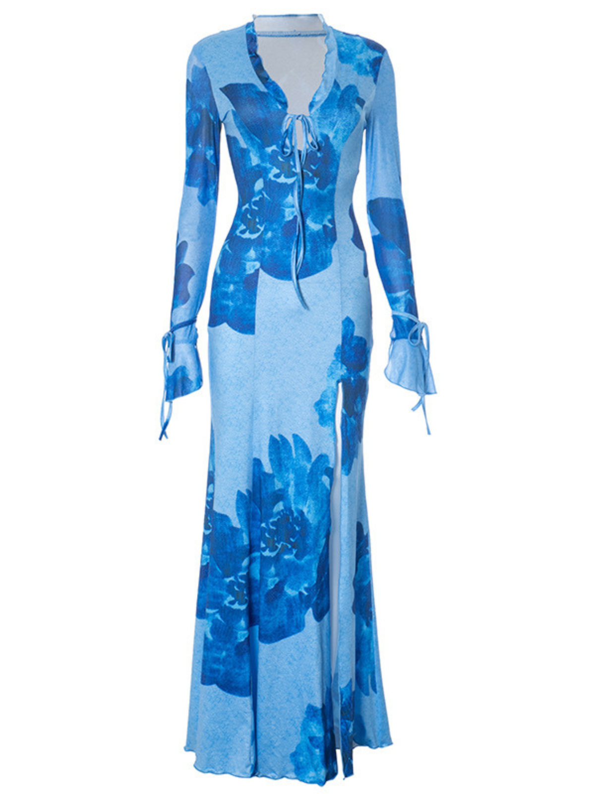 Pyxaris V Yaka Yırtmaçlı Çiçekli Maxi Elbise