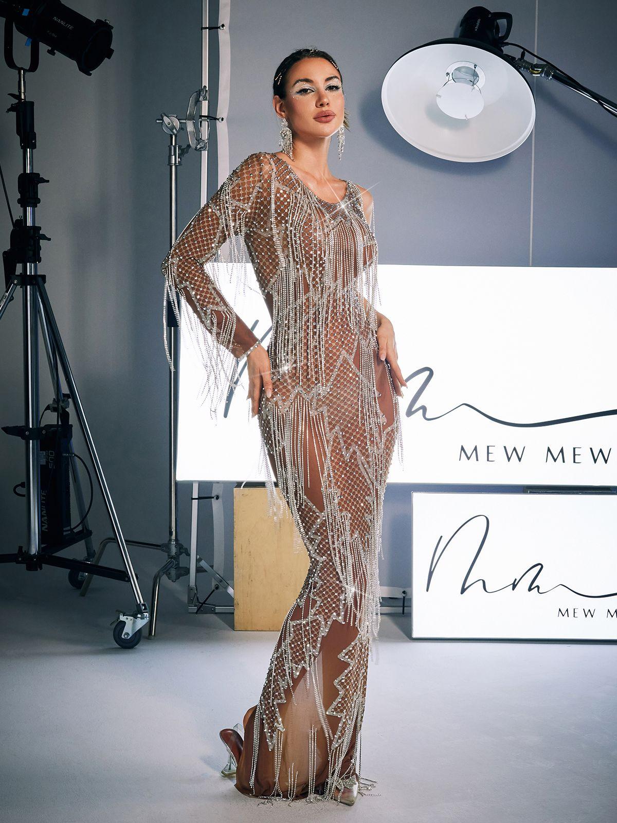 Quentin Baskılı Rhinestone Fringe Maxi Elbise