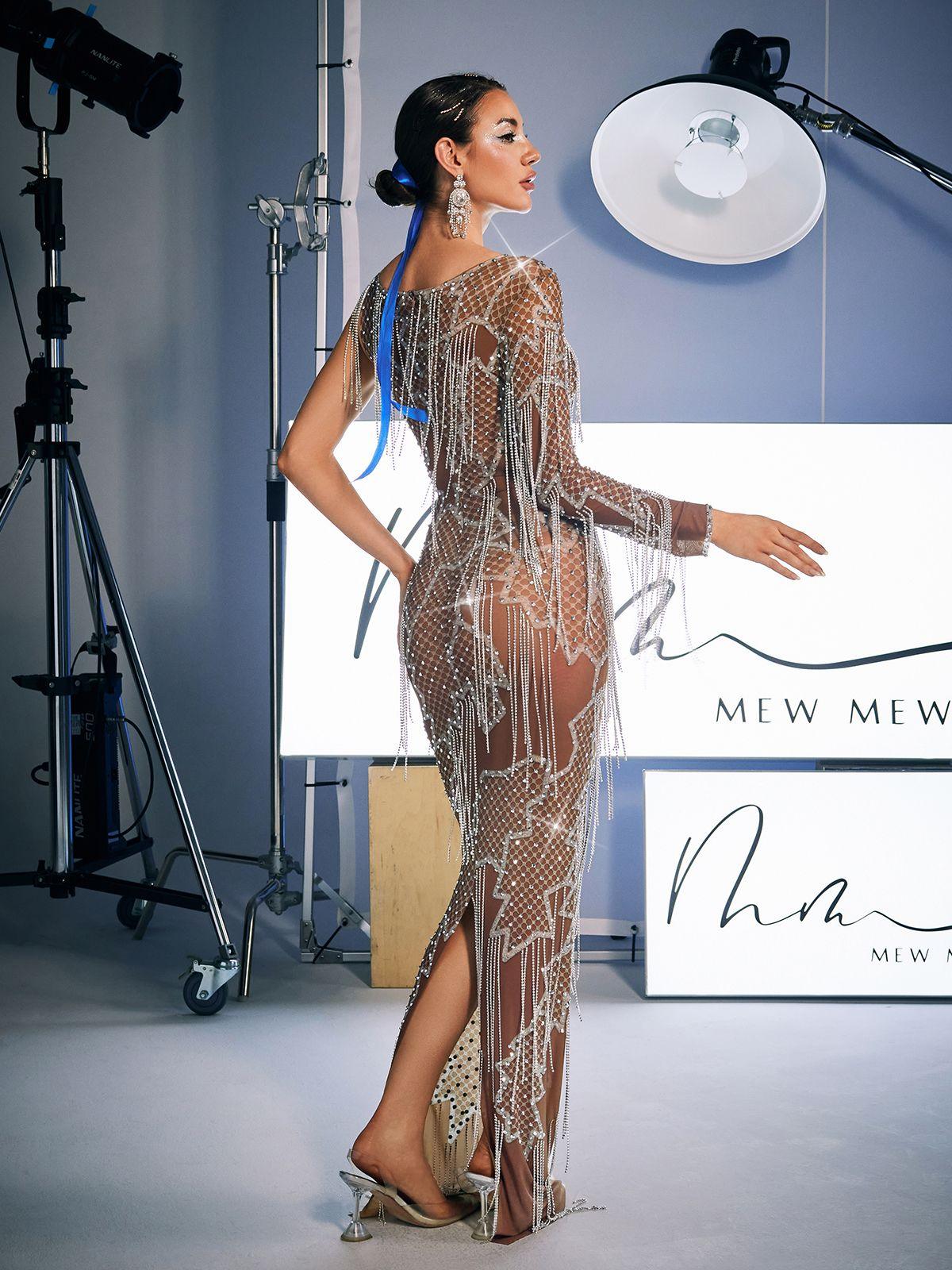 Quentin Baskılı Rhinestone Fringed Maxi Elbise