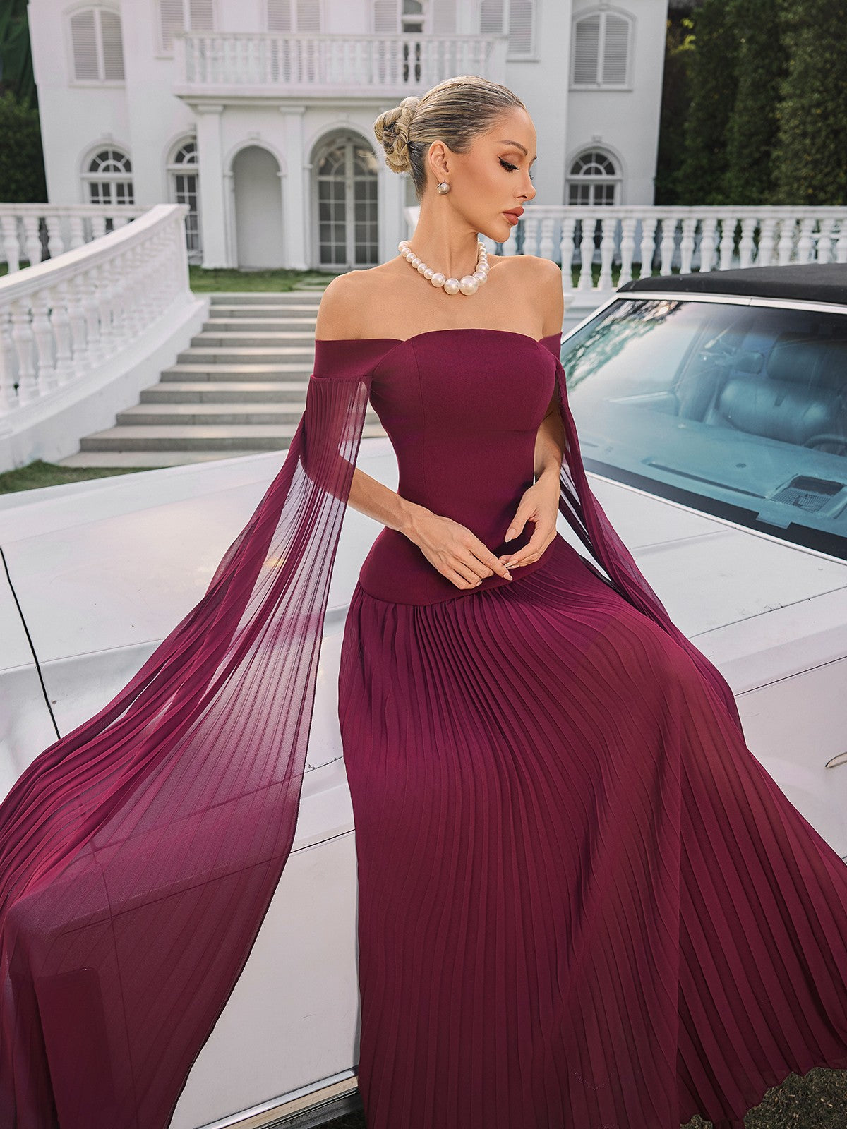 Qyressa Off Shoulder Plise Maxi Elbise