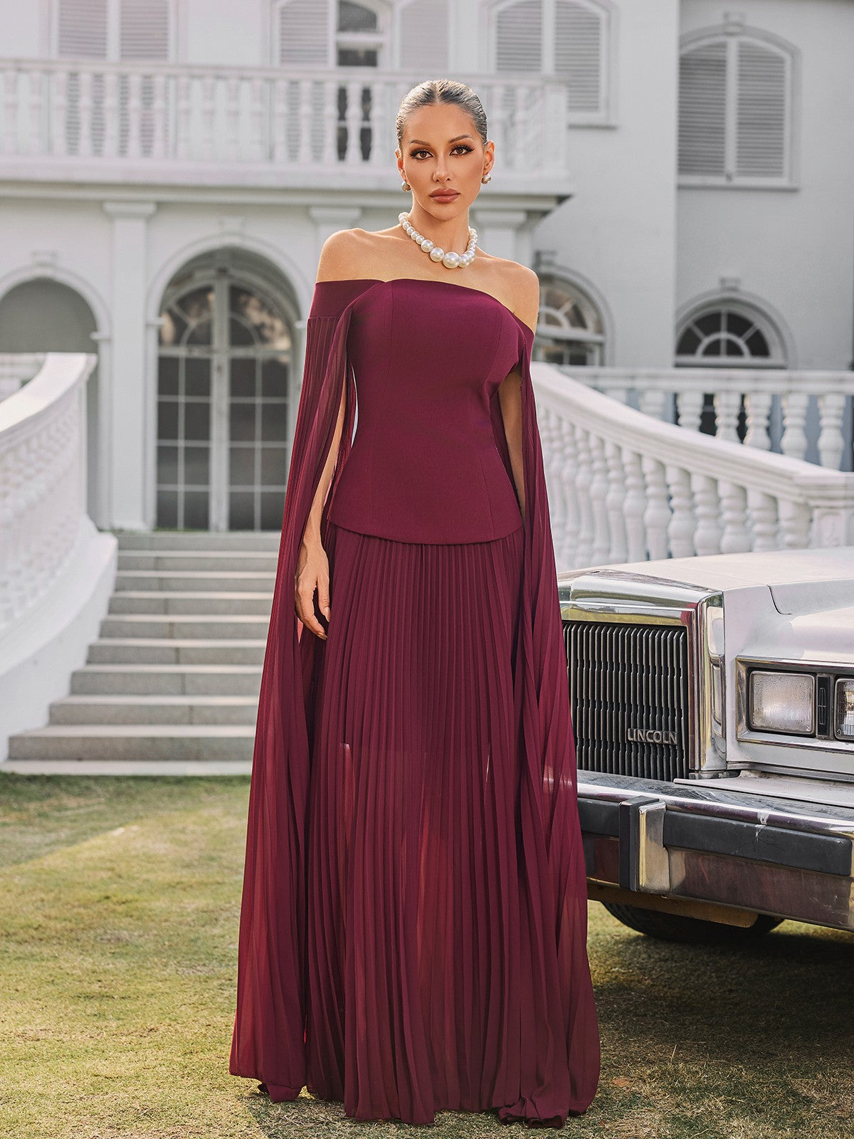 Qyressa Off Shoulder Plise Maxi Elbise