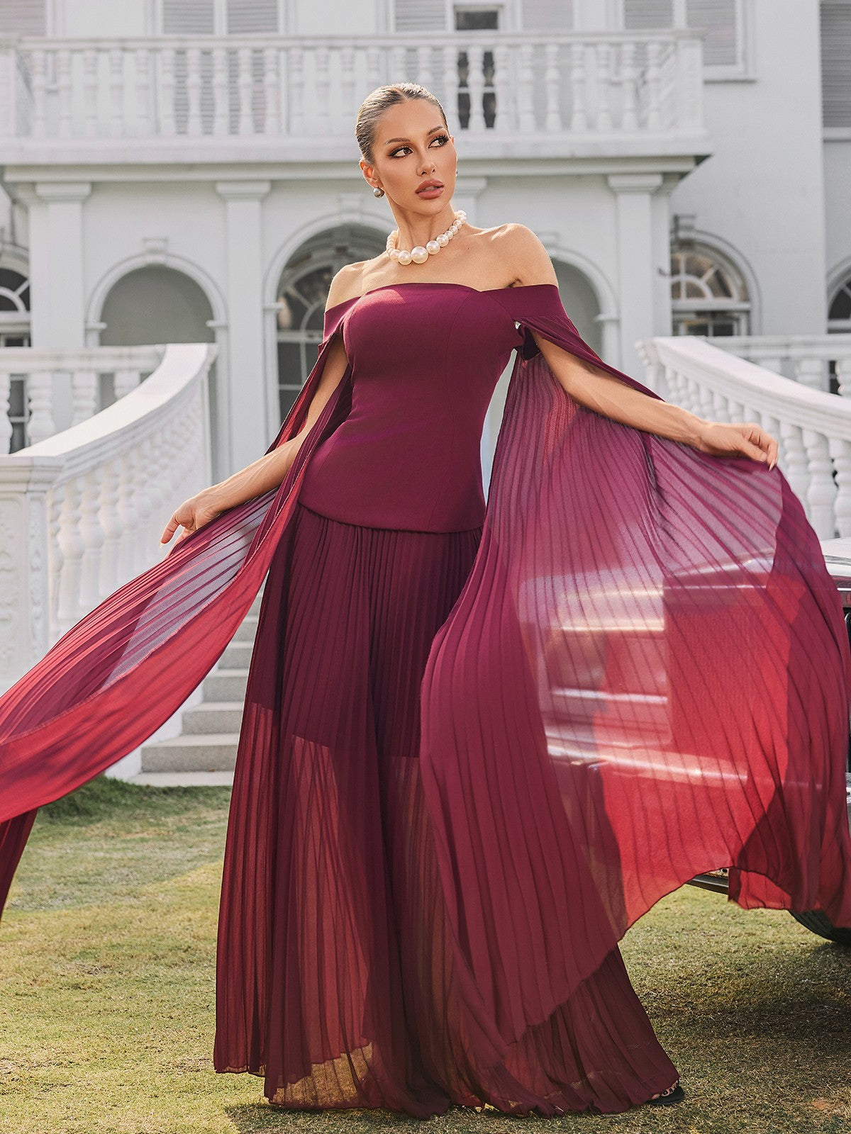 Qyressa Off Shoulder Plise Maxi Elbise