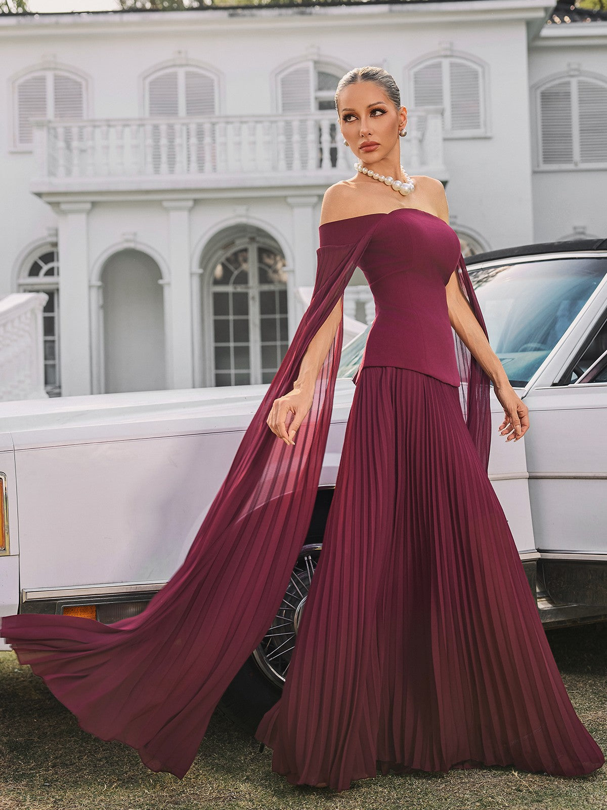 Qyressa Off Shoulder Plise Maxi Elbise