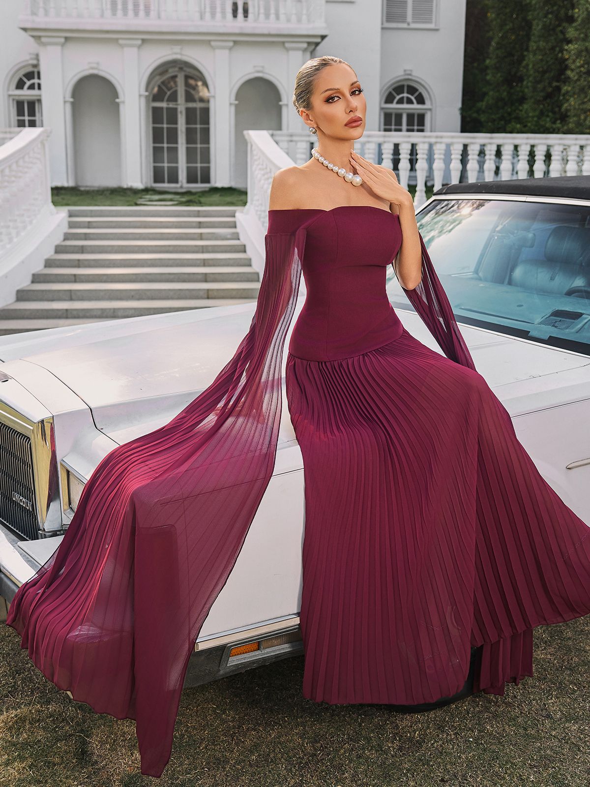 Qyressa Off Shoulder Plise Maxi Elbise