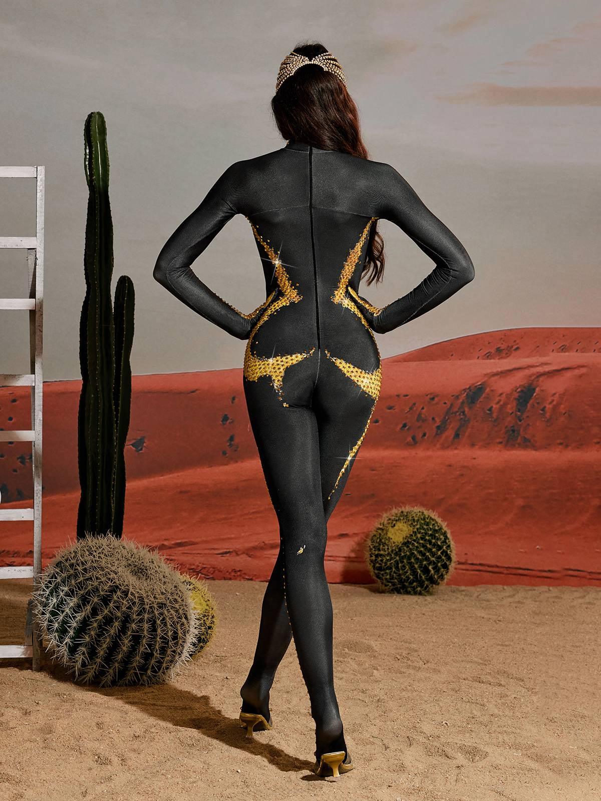 Radek Vücut Baskılı Rhinestone Eldiven Tulum Altın