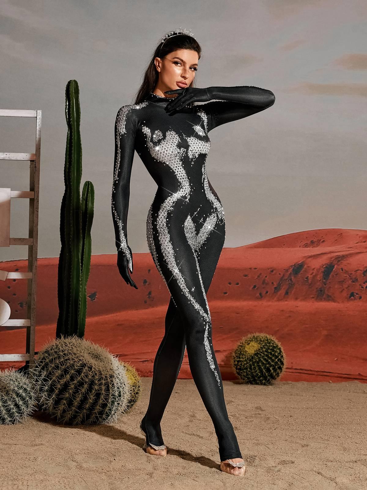 Radek Vücut Baskılı Kristal Eldivenli Tulum Gümüş