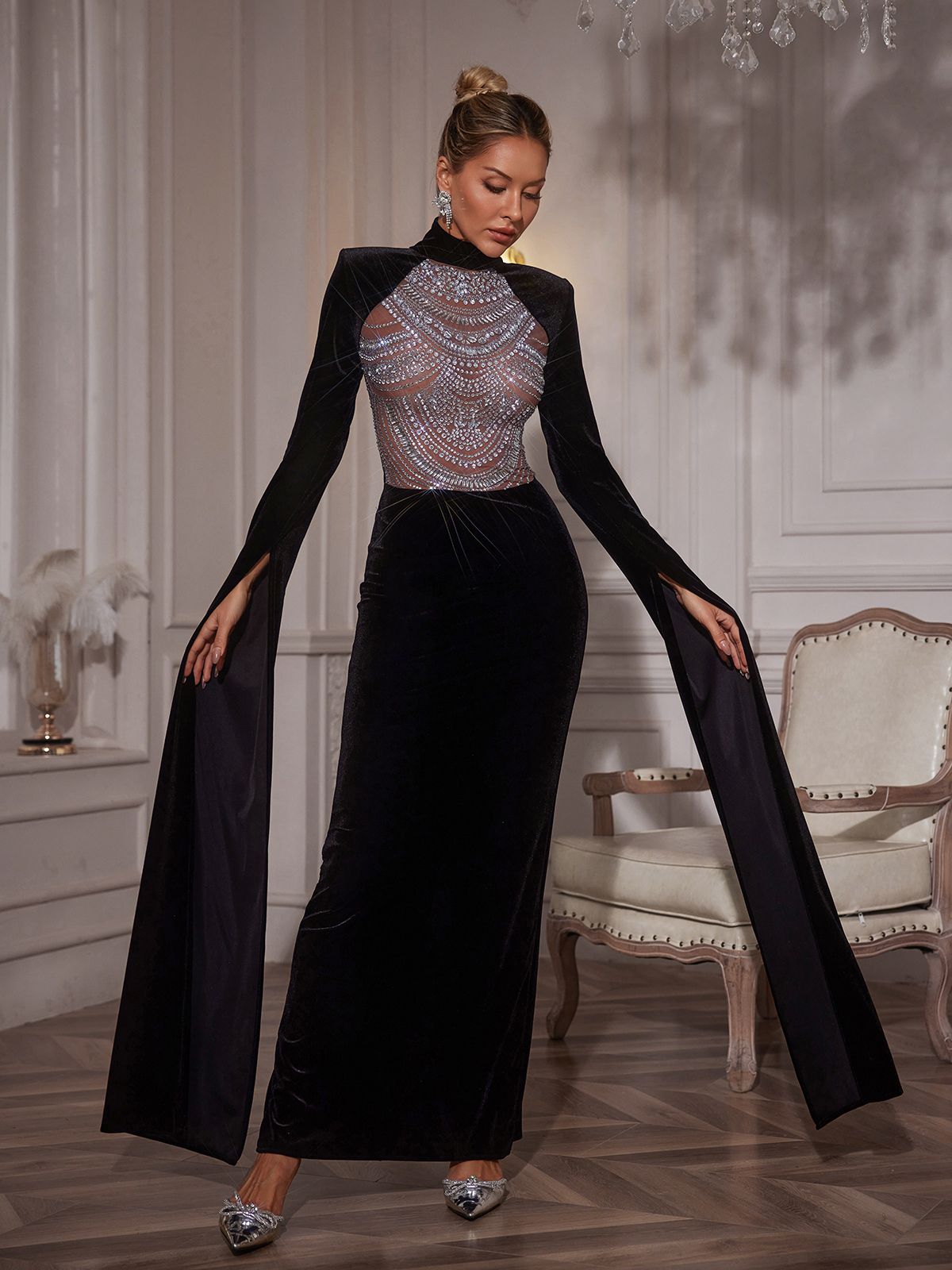 Reon Kristal Kadife Maxi Elbise