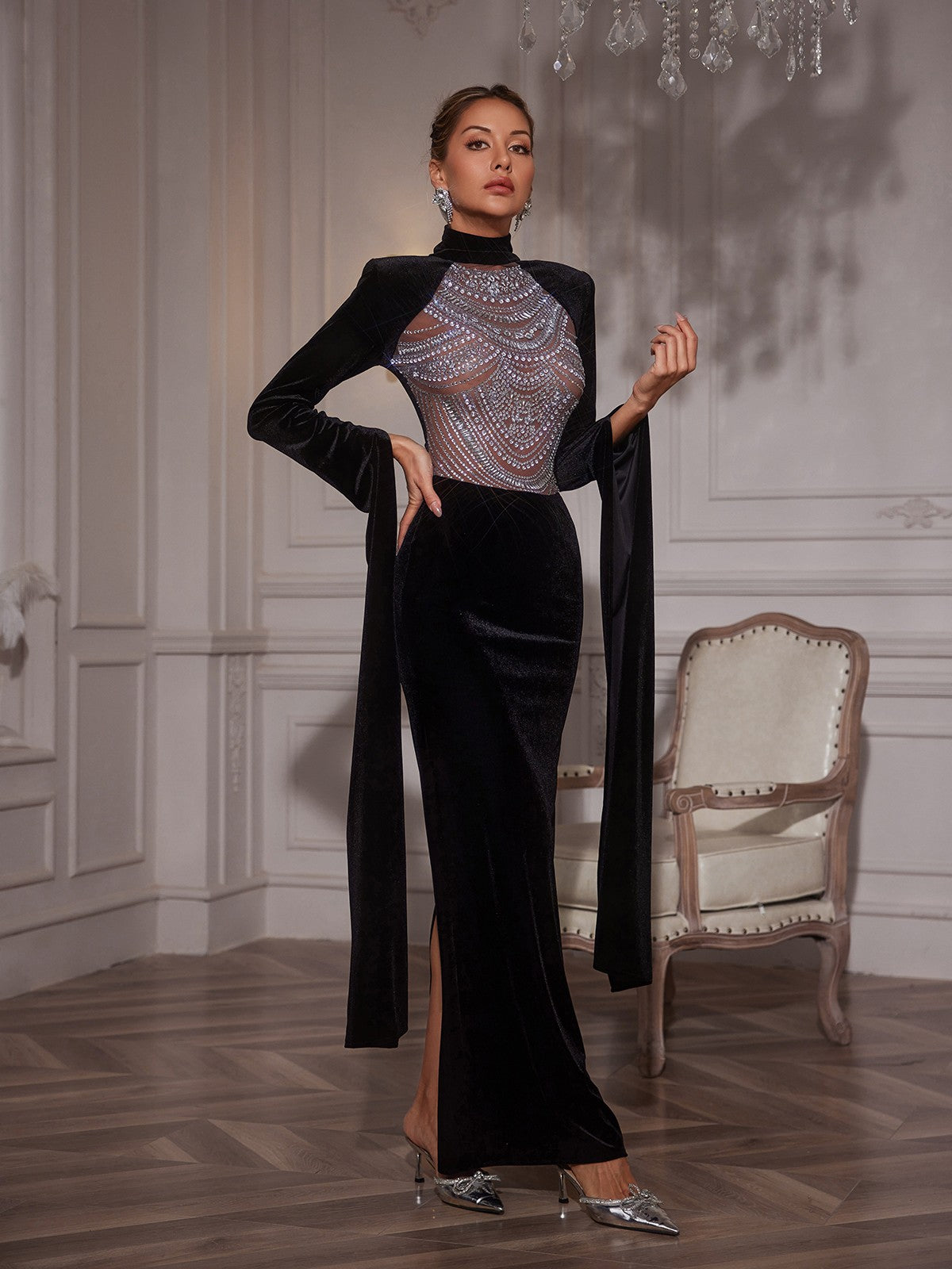 Reon Kristal Kadife Maxi Elbise