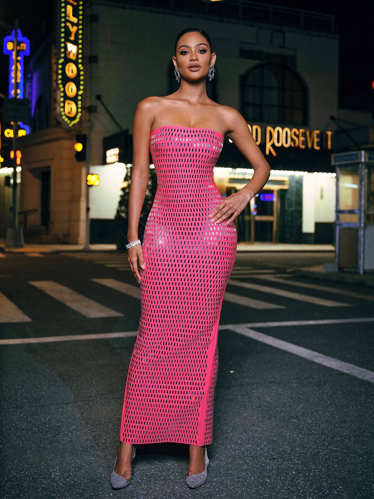 Ridley Rhinestone Maxi Elbise - Sıcak Pembe