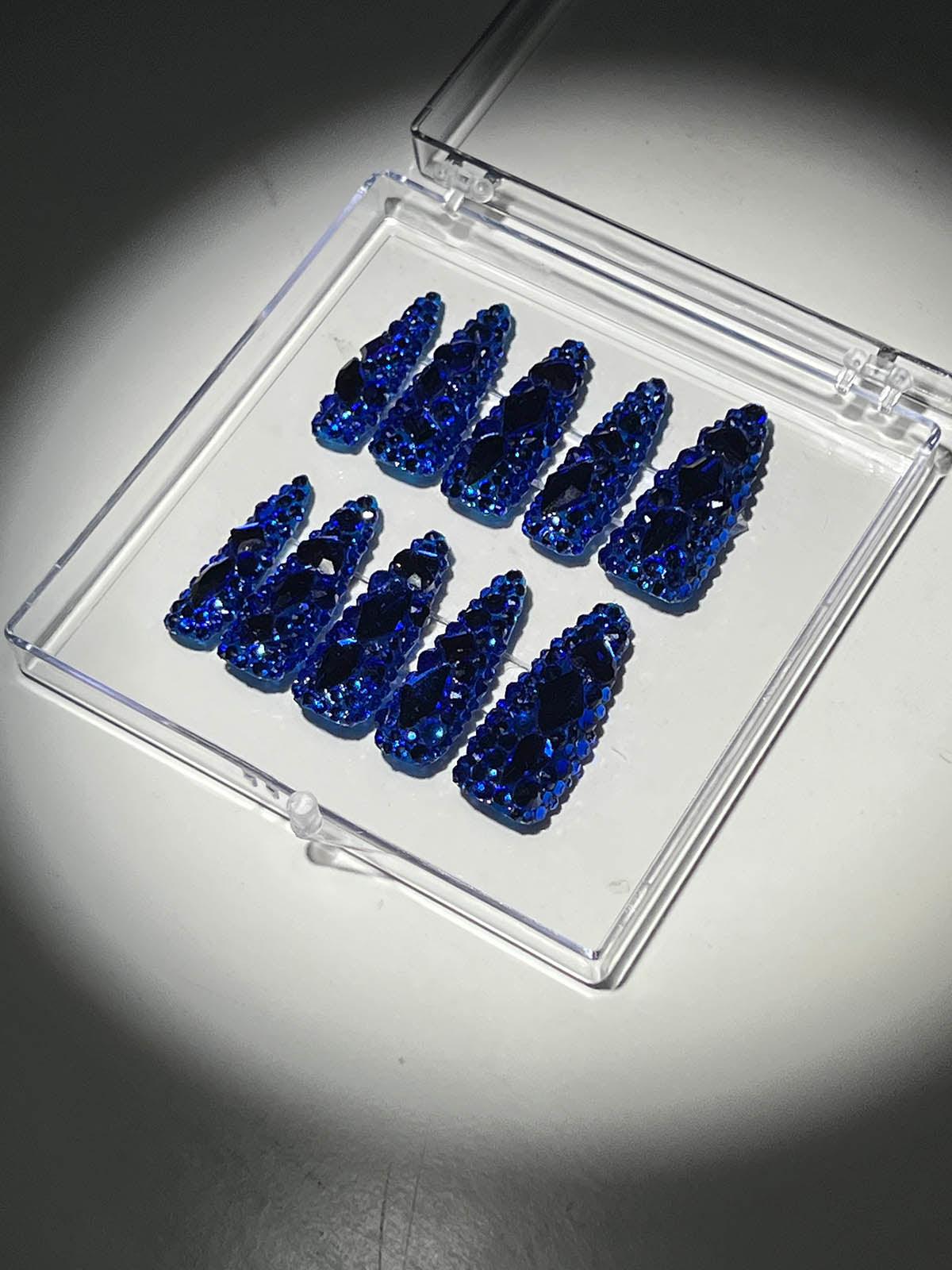 Kraliyet Mavisi Kristal Stiletto El Yapımı Takma Tırnaklar