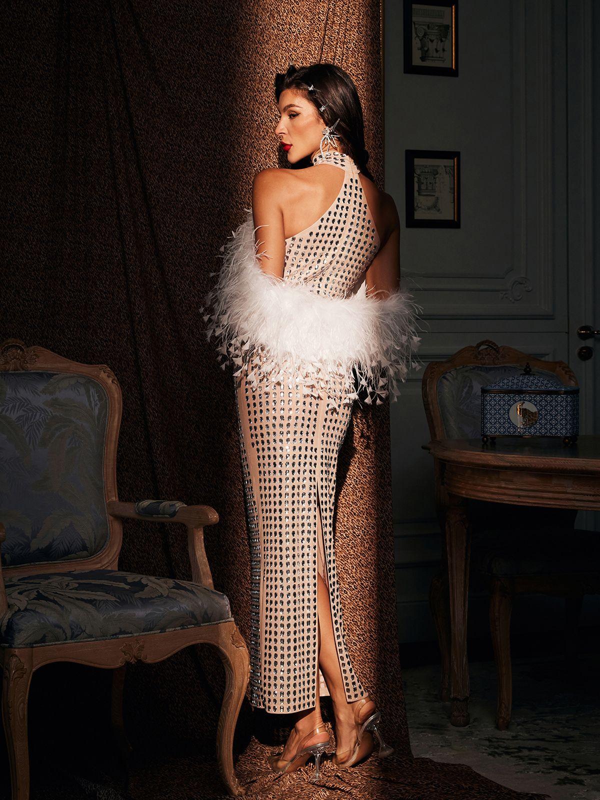 Russell Halterneck Rhinestone Tüy Maxi Elbise