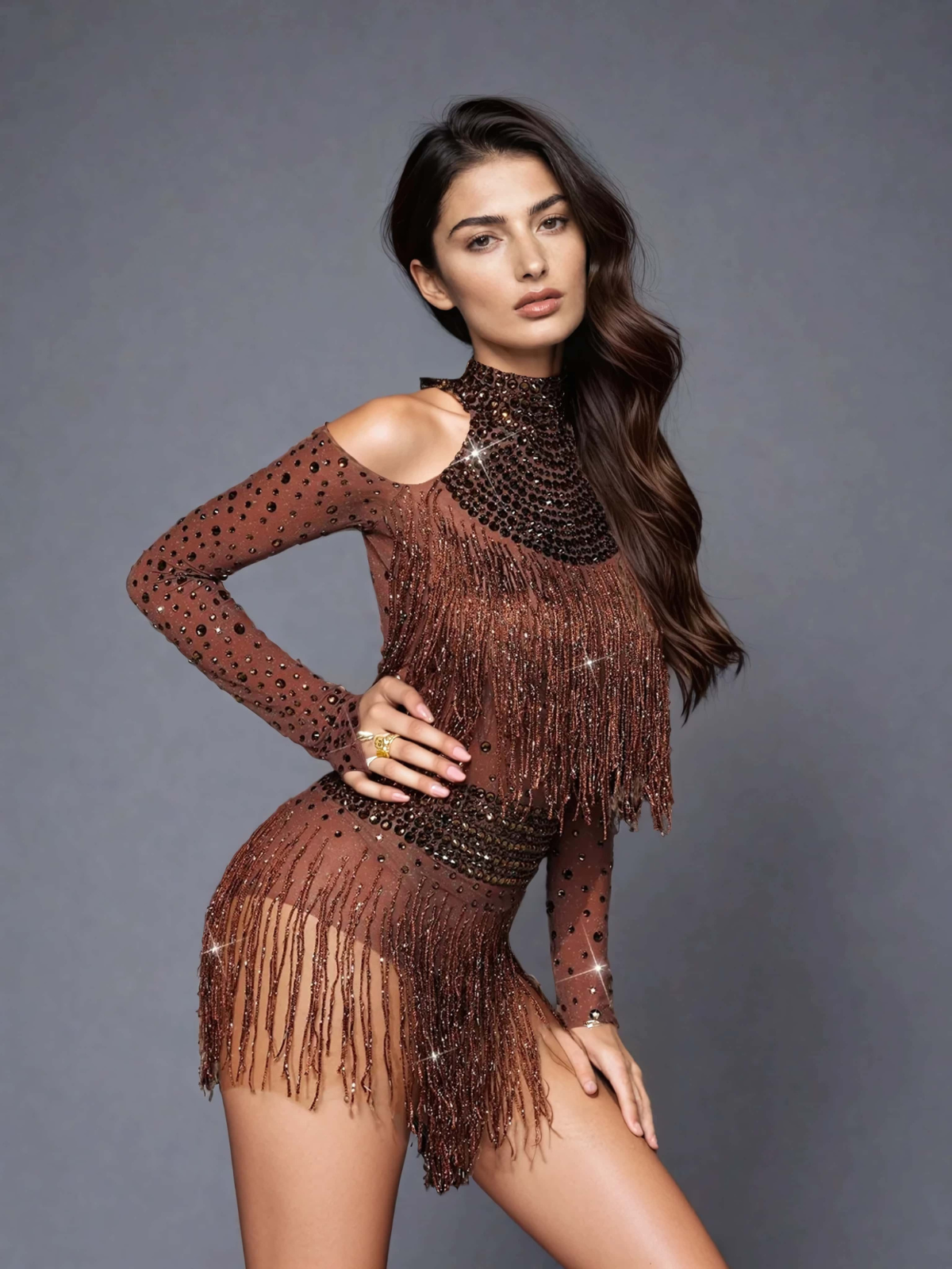 Safa Rhinestone Parıltılı Fringeli Bodysuit