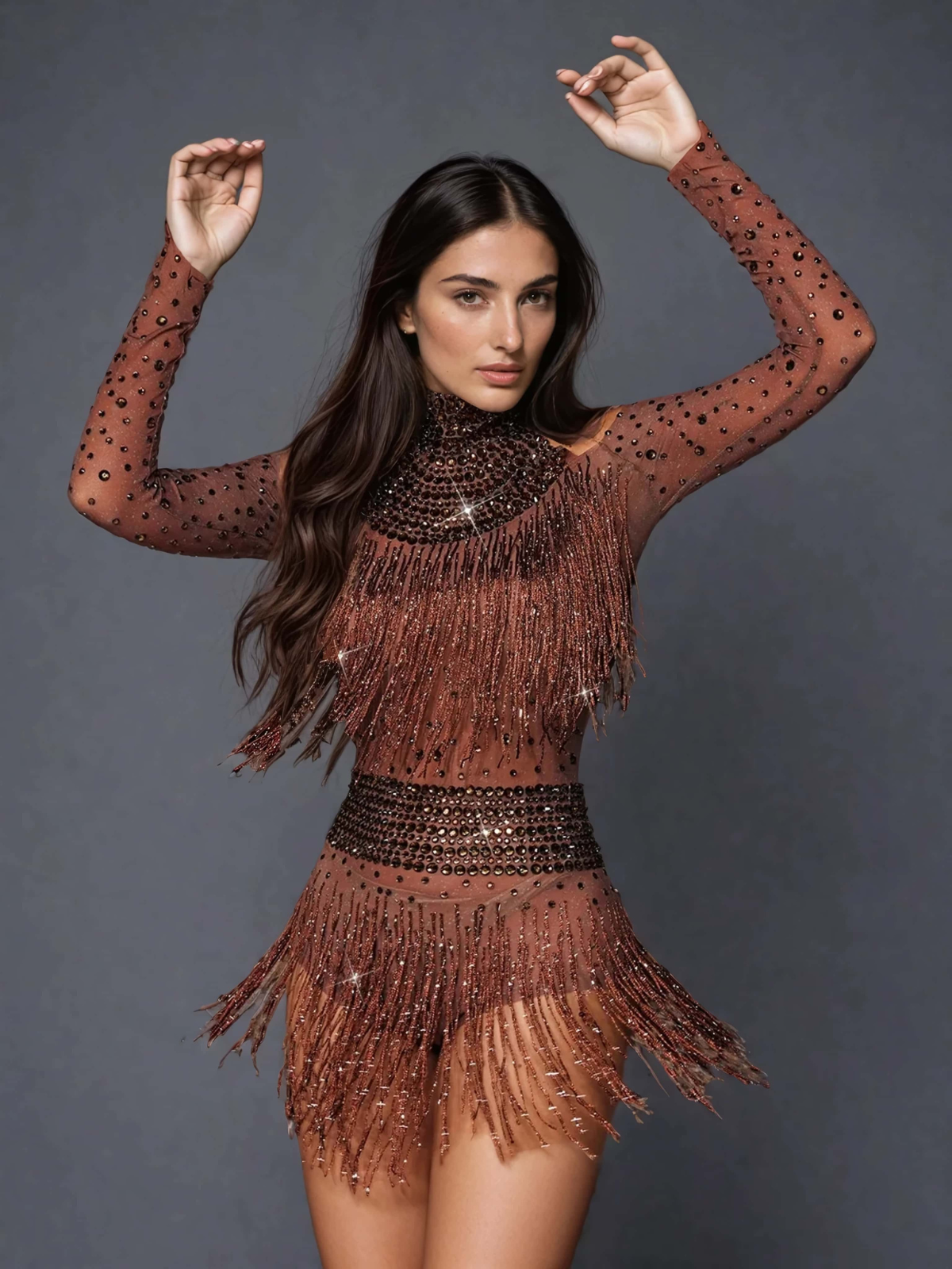 Safa Rhinestone Parıltılı Fringeli Bodysuit