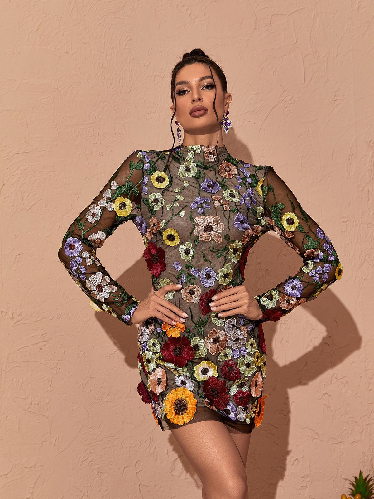 Saige Uzun Kollu File Çiçek Mini Elbise Siyah