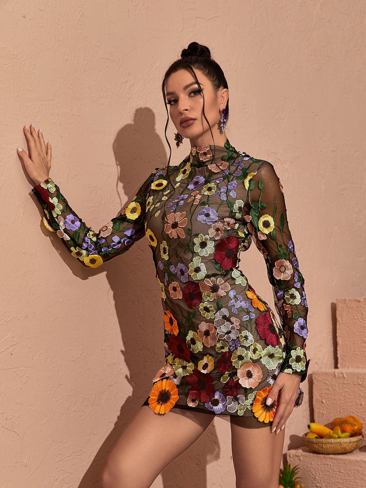 Saige Uzun Kollu File Çiçek Mini Elbise Siyah