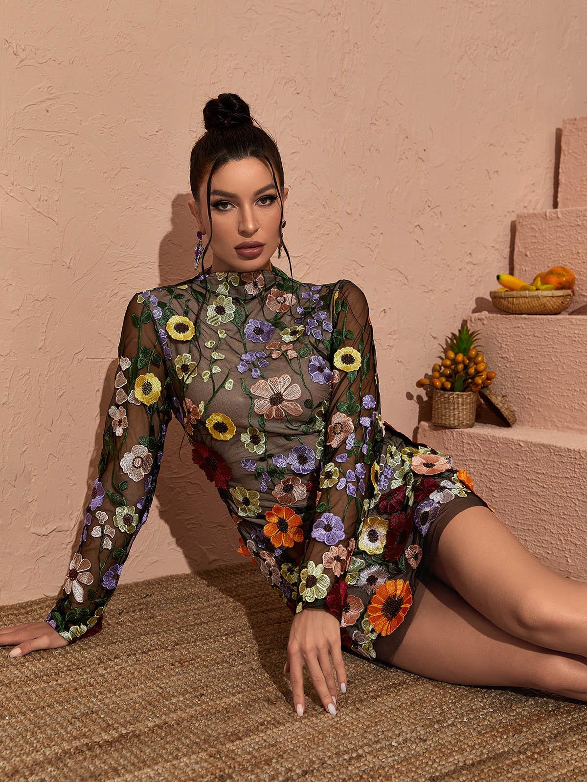 Saige Uzun Kollu File Çiçek Mini Elbise Siyah