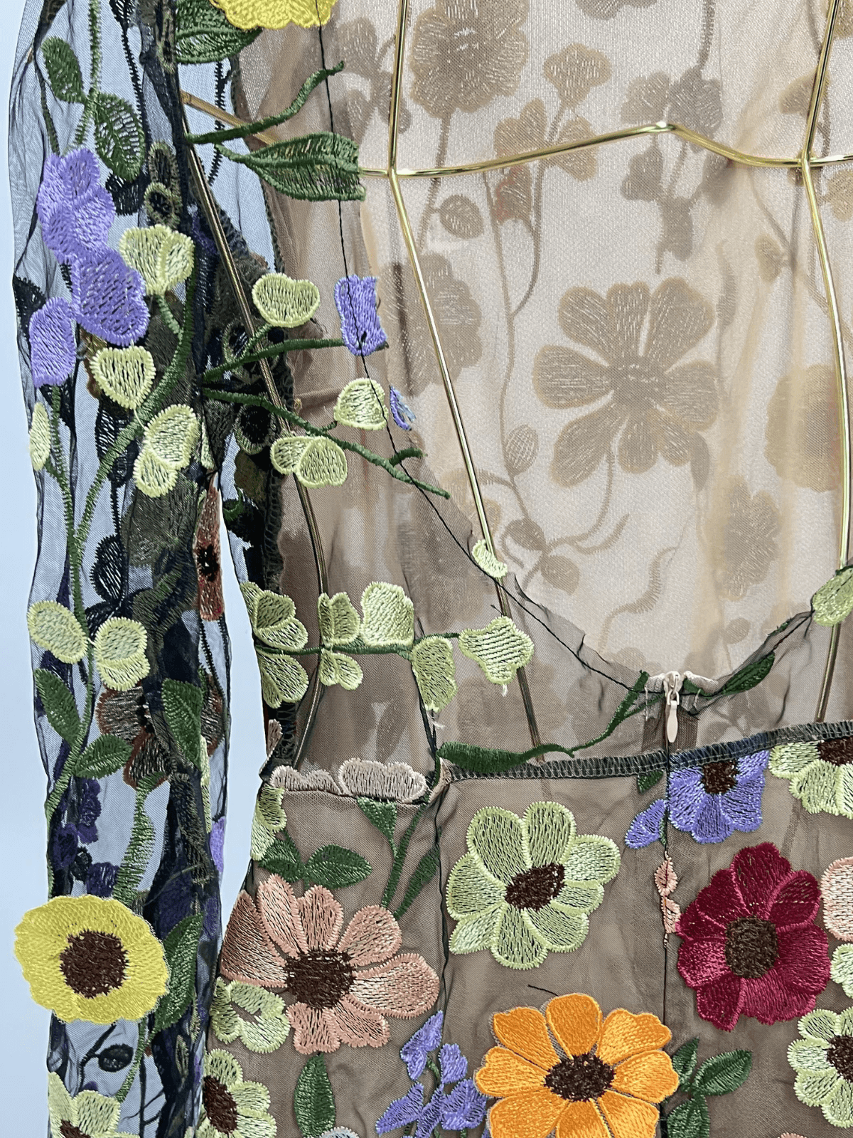 Saige Uzun Kollu File Çiçek Mini Elbise Siyah