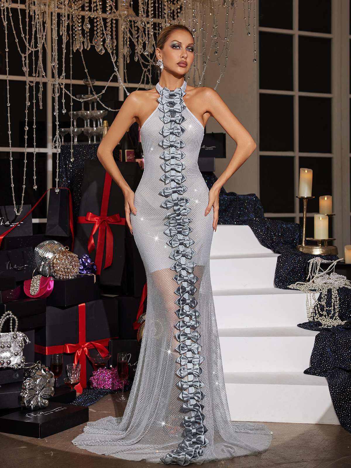 Akrep Halter Yaka Kemer Kristal Maxi Elbise