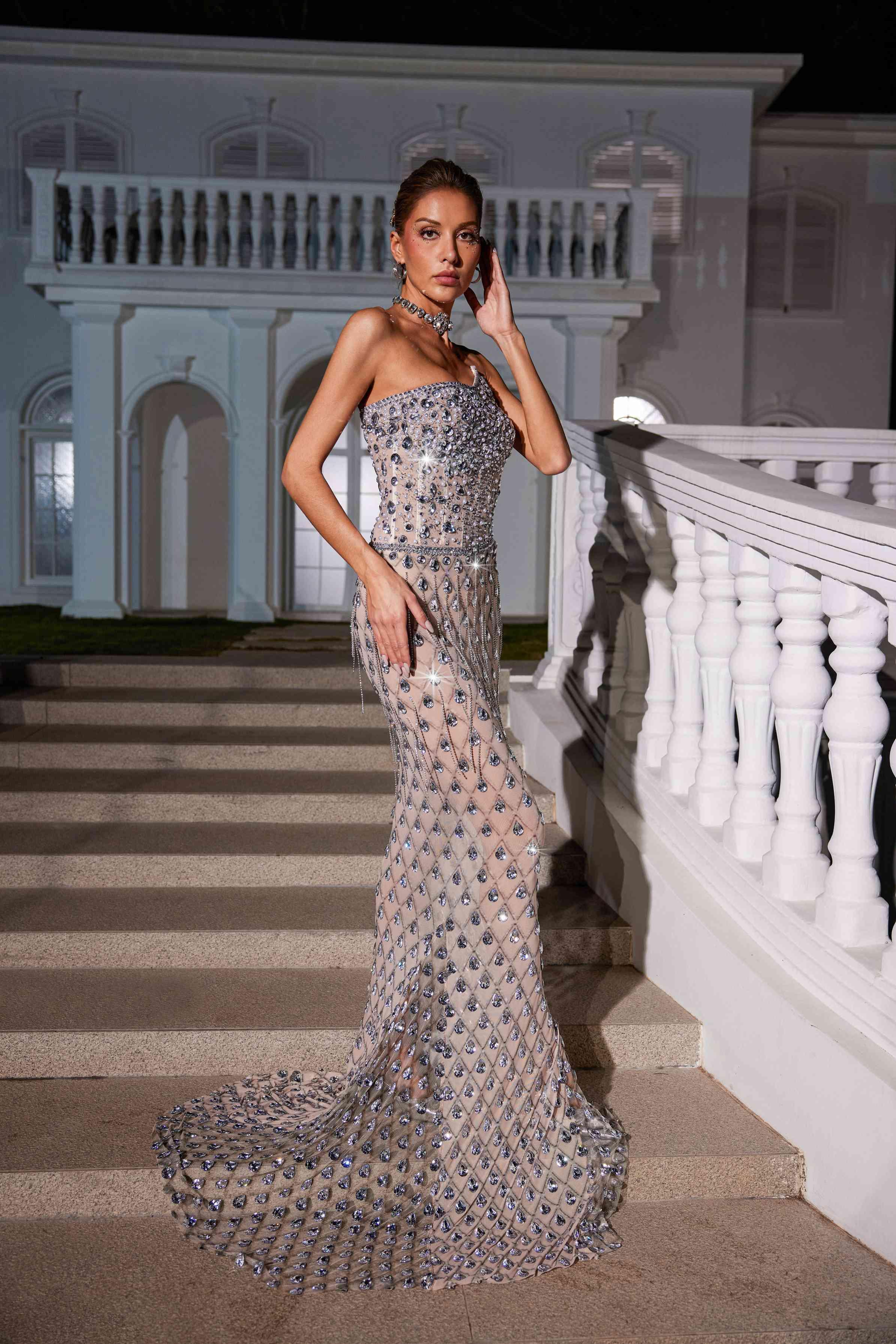 Sean Askısız Rhinestone Ağı Mesh Maxi Elbise