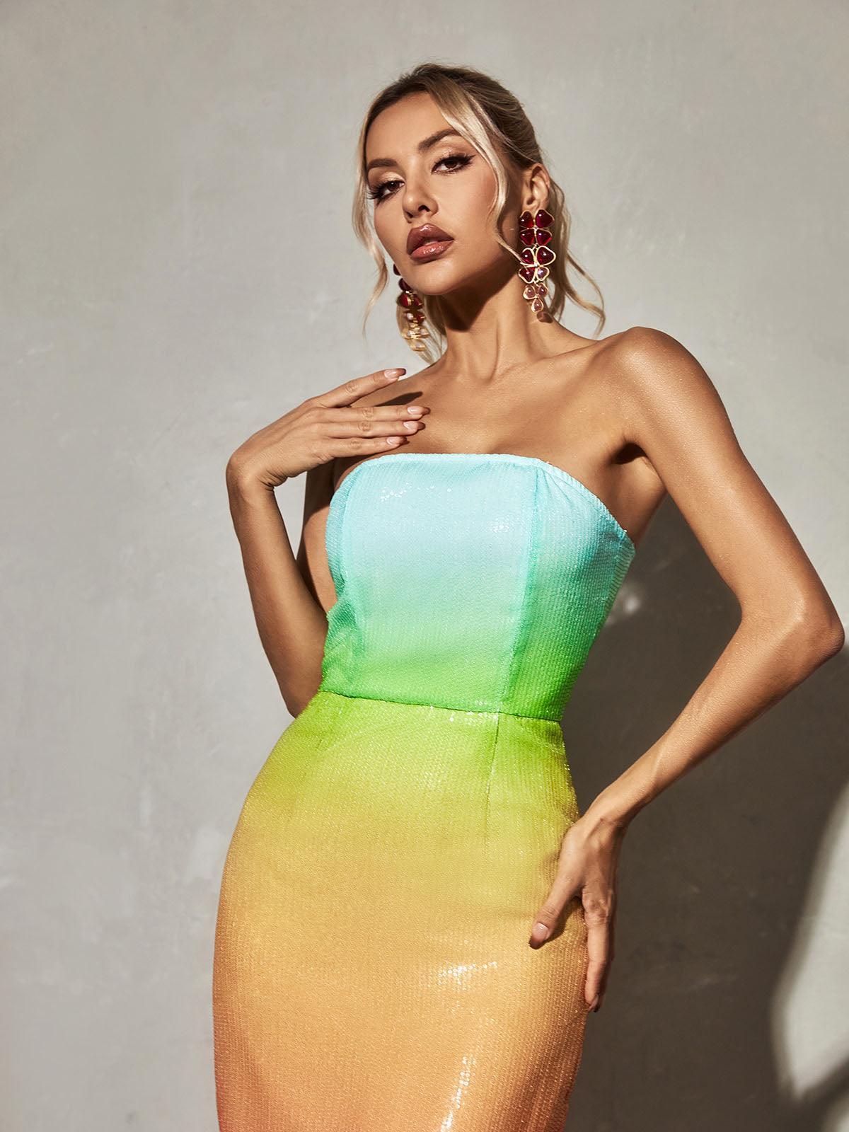 Shanti Straplez Sıralı Ombre Maxi Elbise