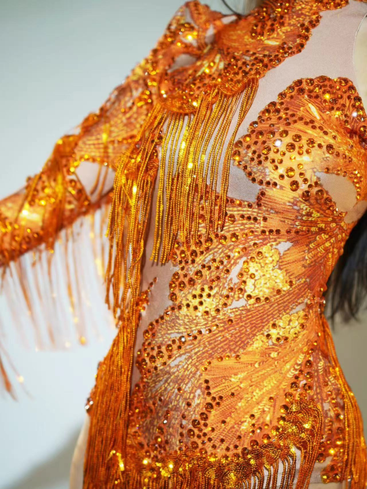 Shatora Tek Omuzlu Rhinestone Fringe Bodysuit Turuncu