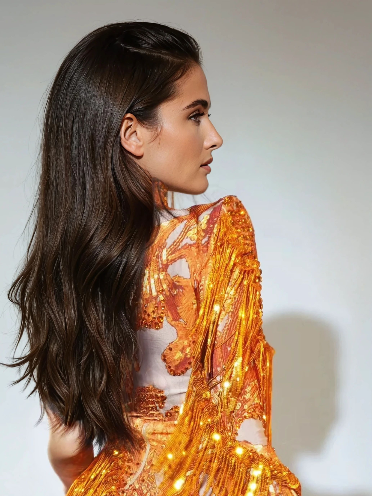 Shatora Tek Omuzlu Rhinestone Fringe Bodysuit Turuncu