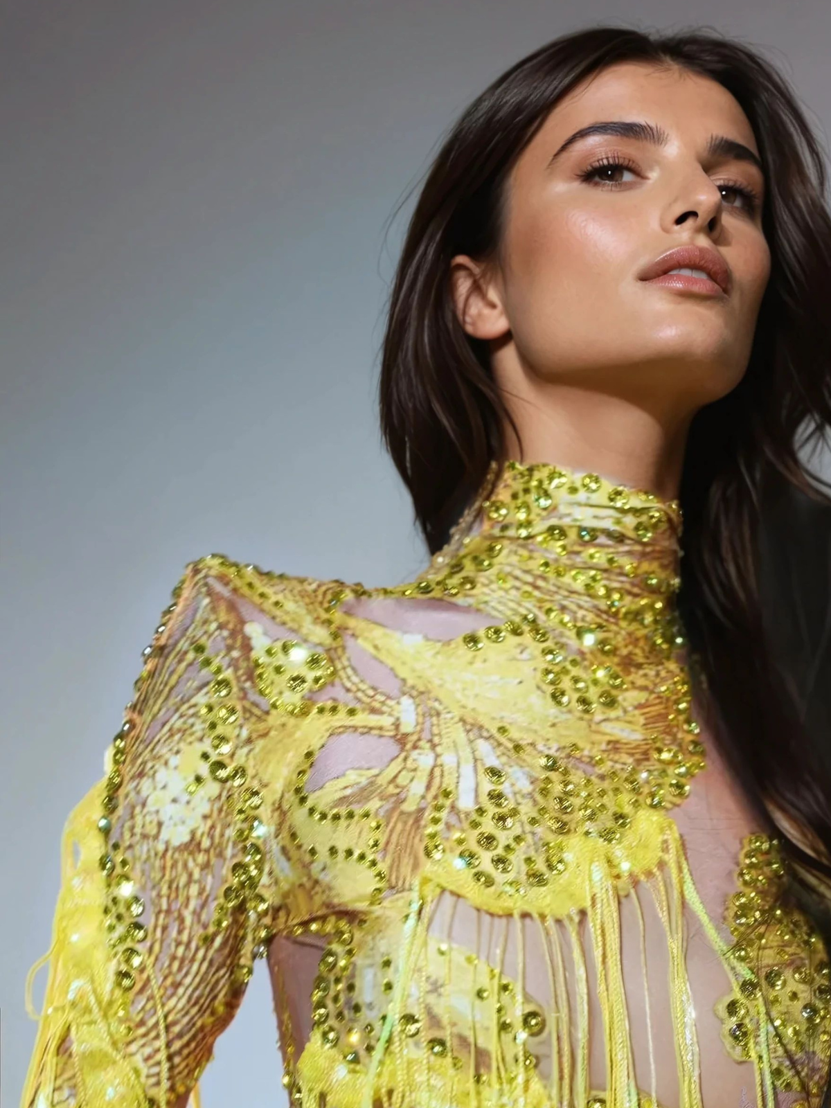 Şatora Tek Omuz Rhinestone Franje Bodysuit Sarı