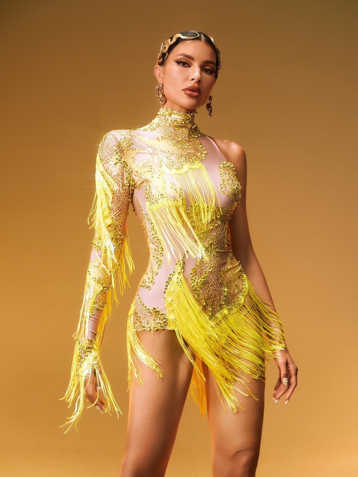 Şatora Tek Omuz Rhinestone Franje Bodysuit Sarı