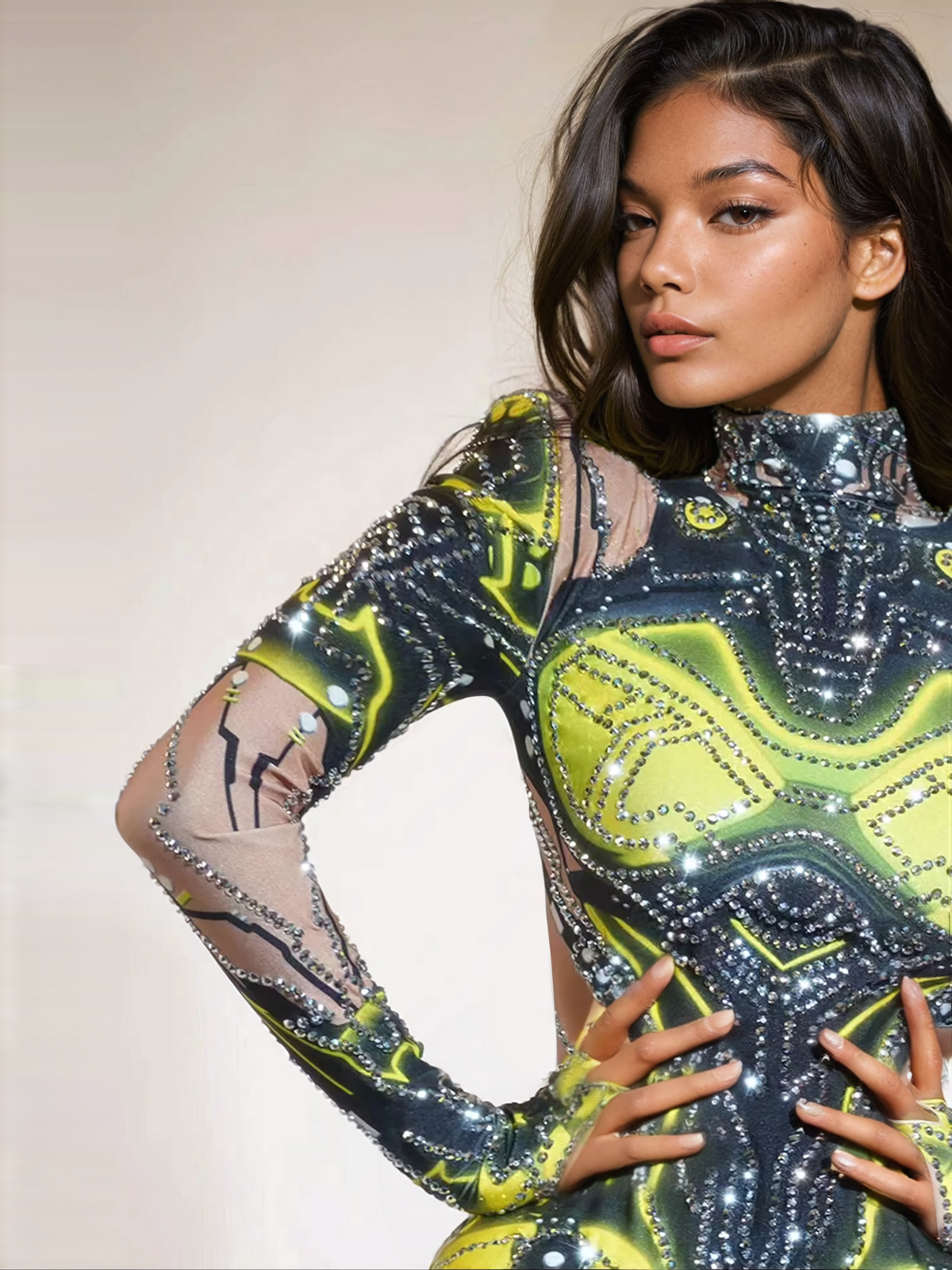 Shatoya Uzun Kollu Rhinestone Baskılı Bodysuit