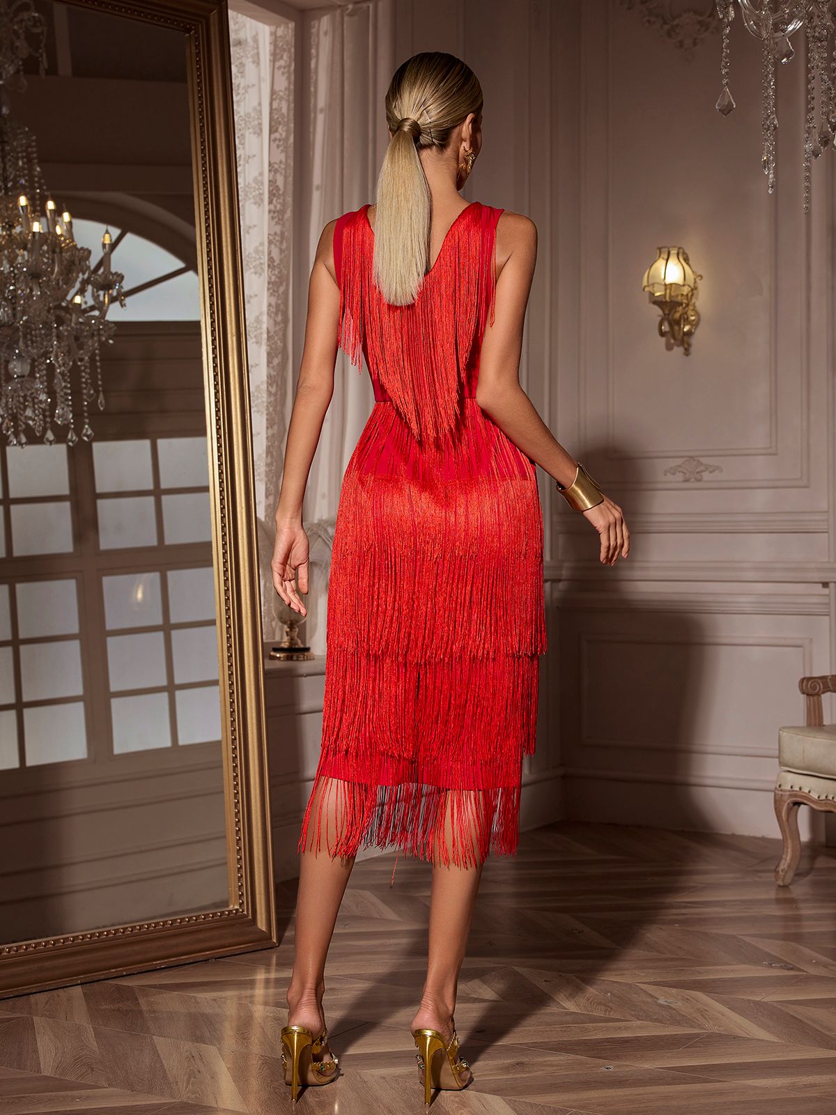 Sheadon V Yaka Fringe Midi Elbise