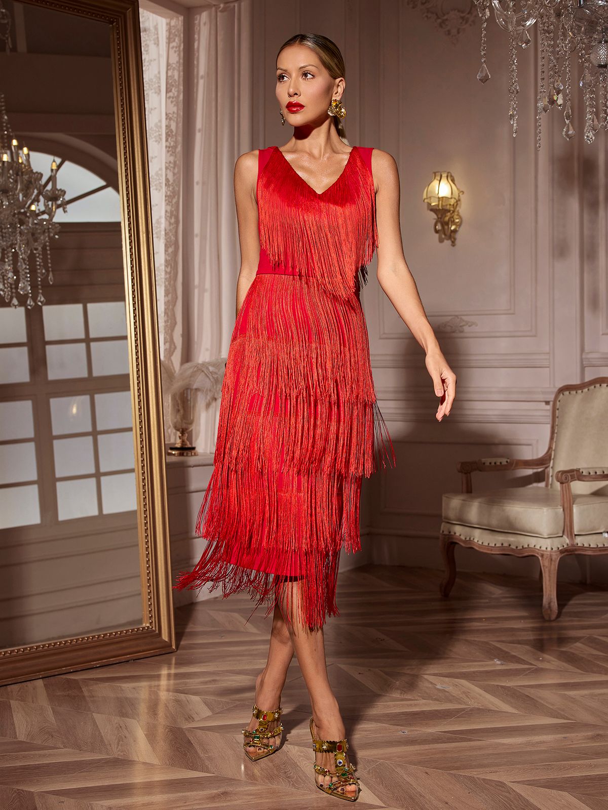 Sheadon V Yaka Fringe Midi Elbise