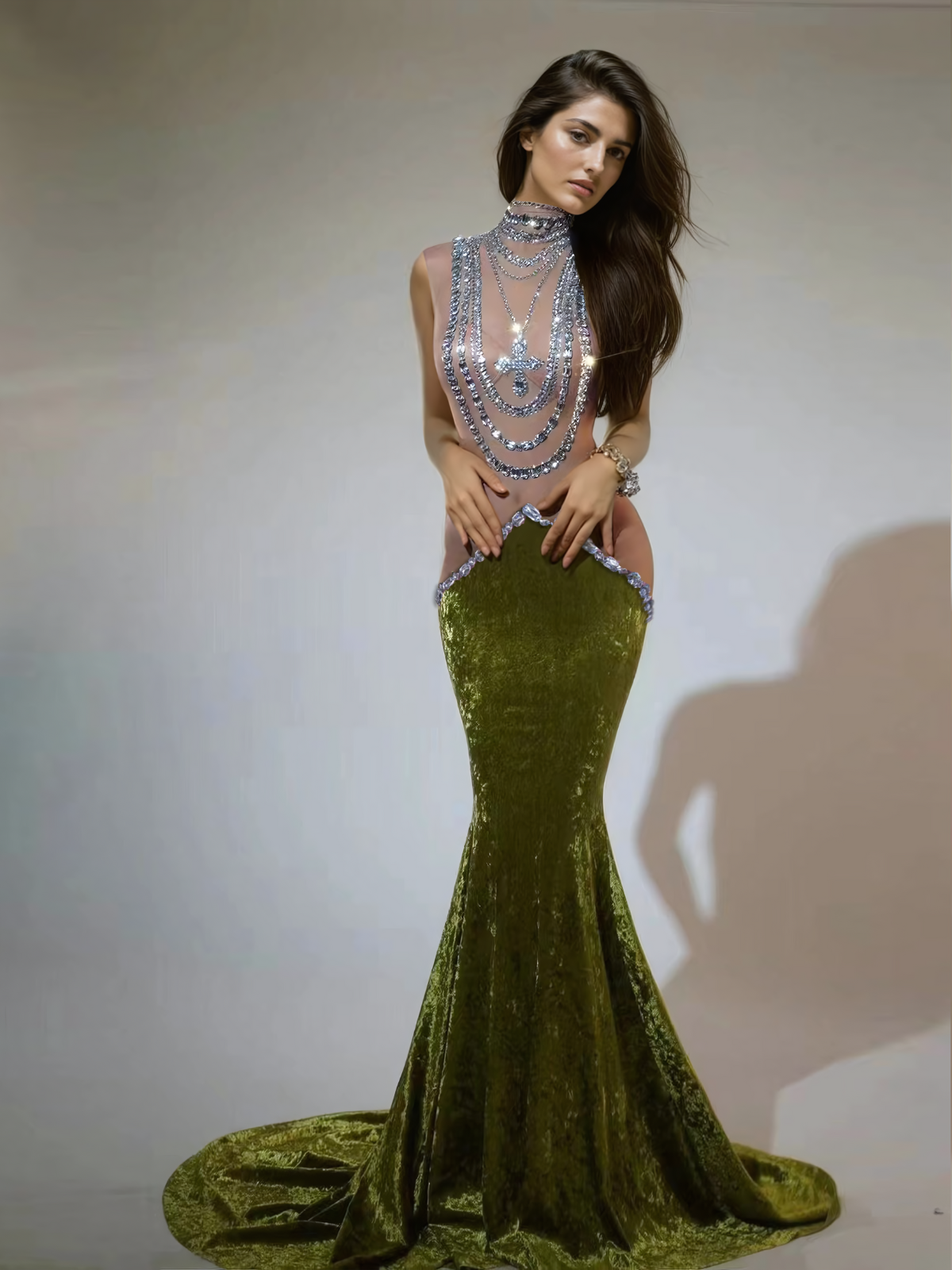 Shelyn Rhinestone Kadife Deniz Kızı Maxi Elbise