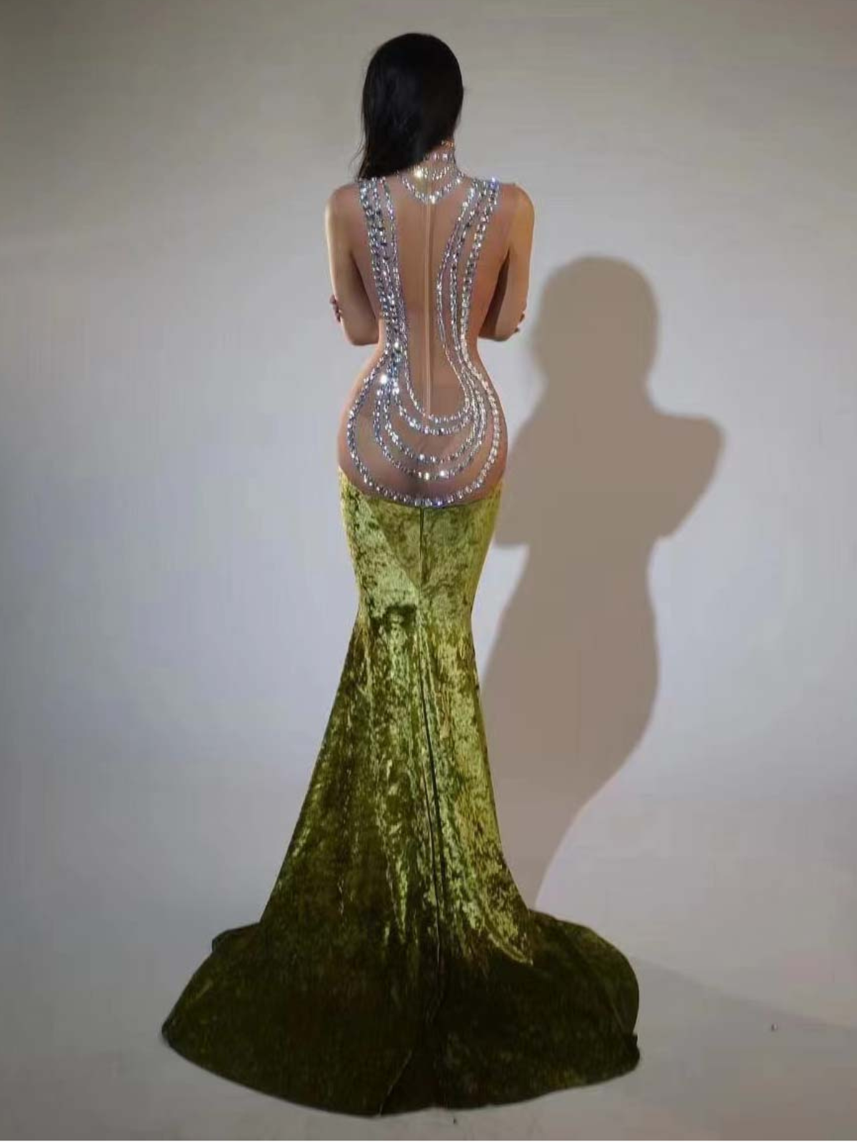 Shelyn Rhinestone Kadife Deniz Kızı Maxi Elbise