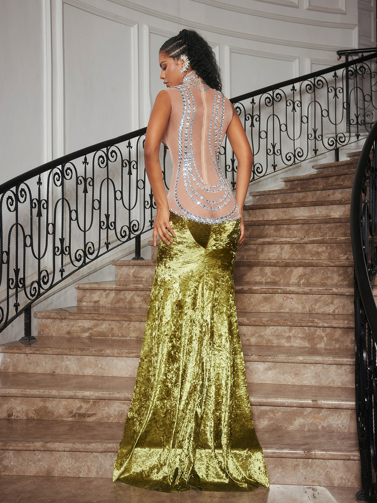 Shelyn Rhinestone Kadife Deniz Kızı Maxi Elbise