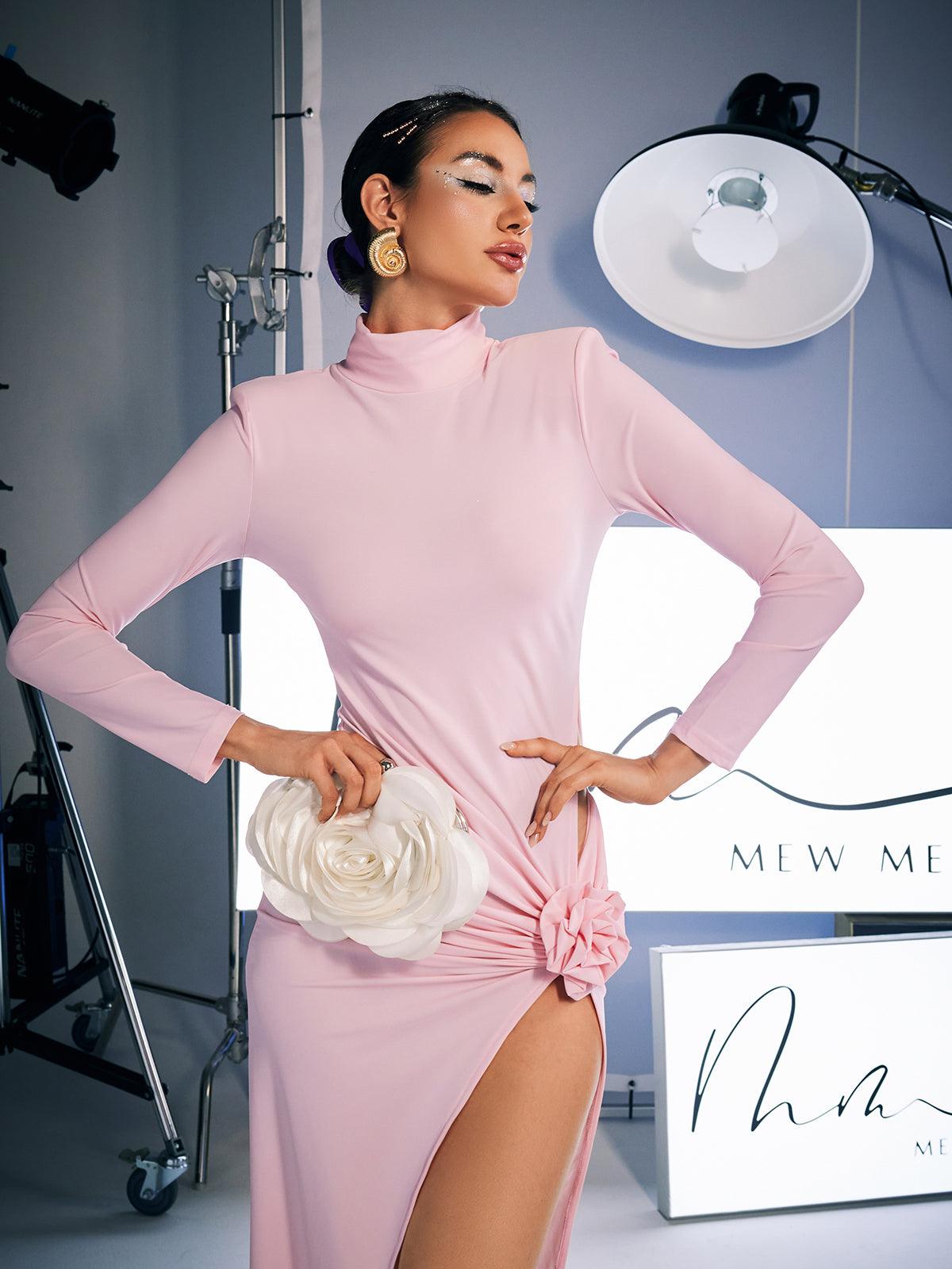 Shiphrah Uzun Kollu Çiçekli Yırtmaçlı Midi Elbise