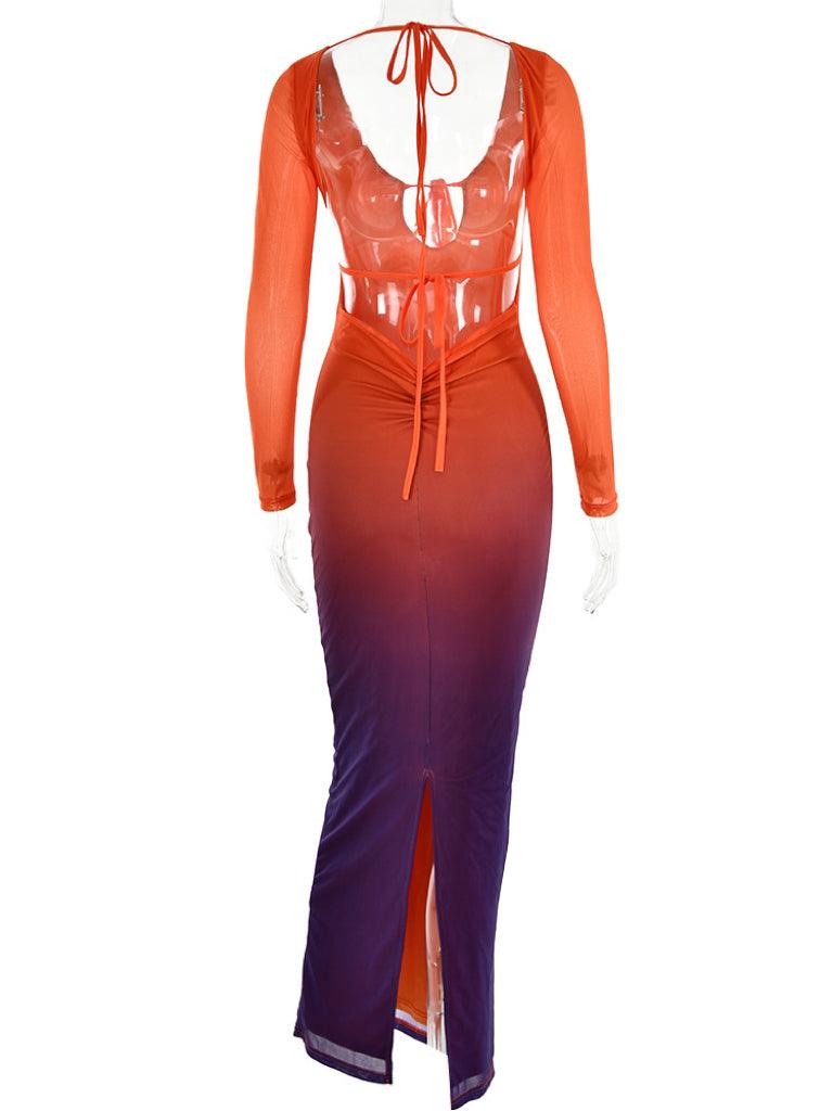 Sian Dantel Bağcıklı Gradyan Midi Elbise Kırmızı