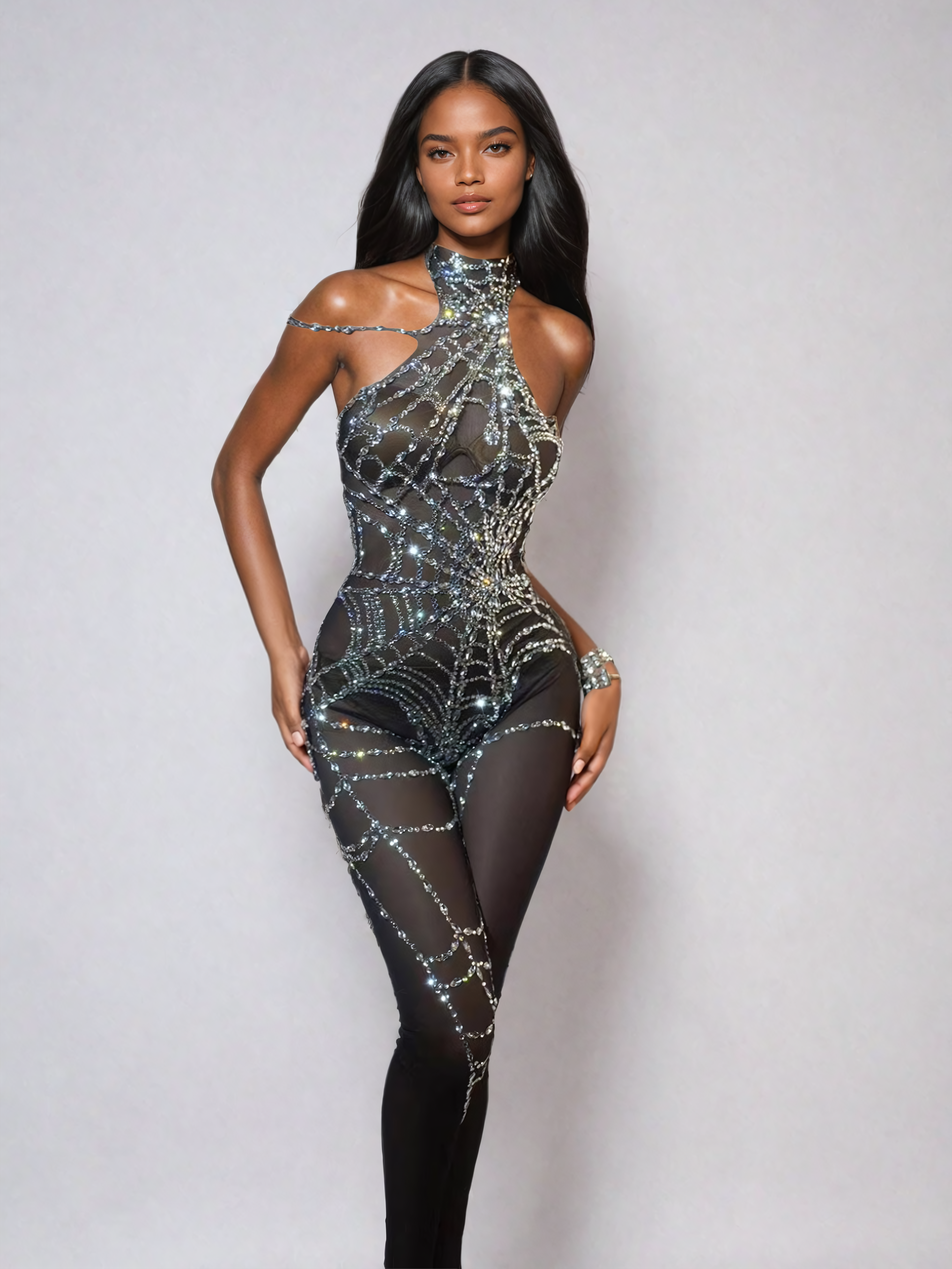 Siesen Cutout Cobweb Rhinestone Mesh Tulum Siyah