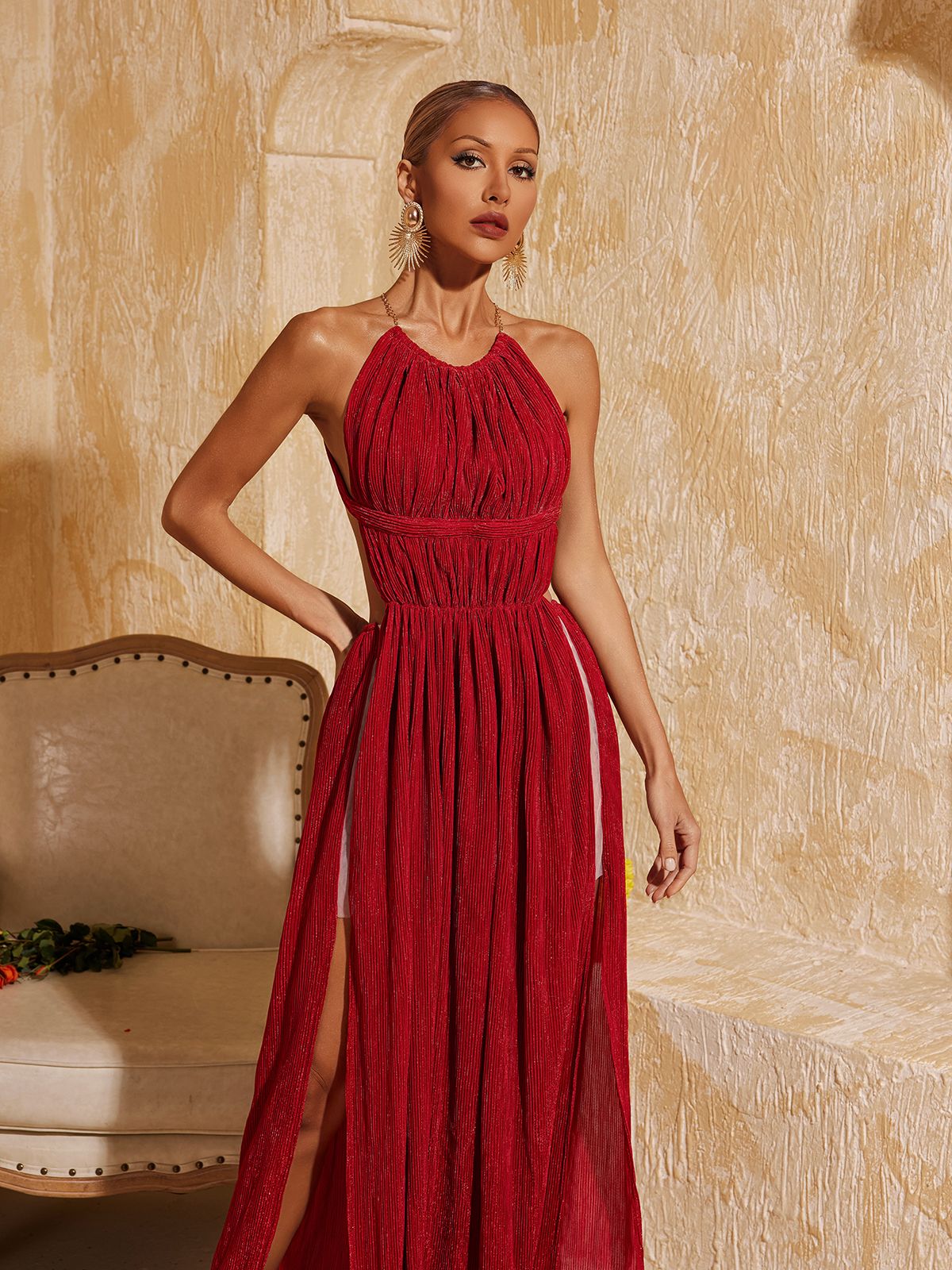 Tahlia Sırt Açık Işıltılı Drapeli Maxi Elbise