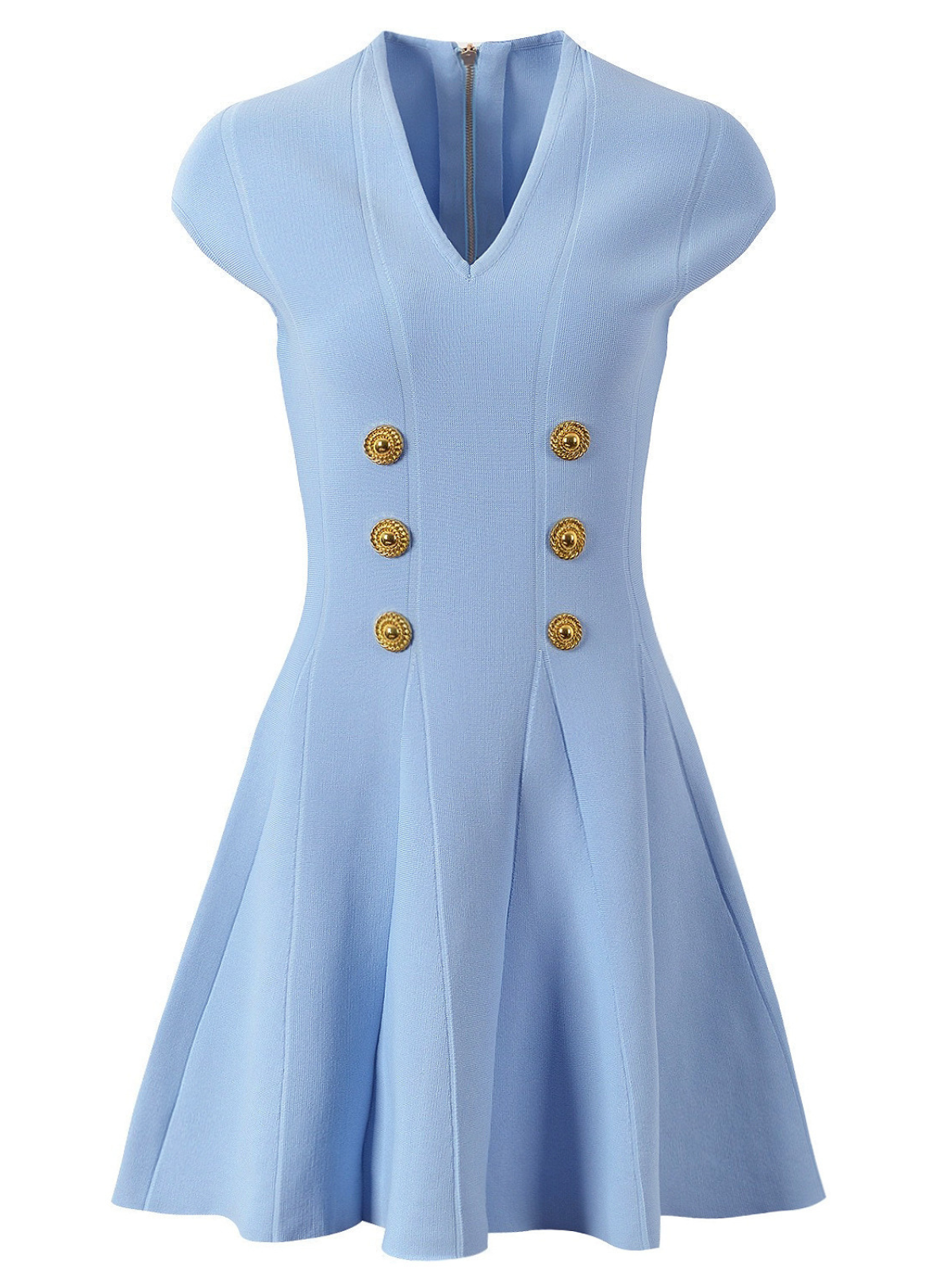 Tameron V Yaka Düğmeli Triko Mini Elbise Mavi