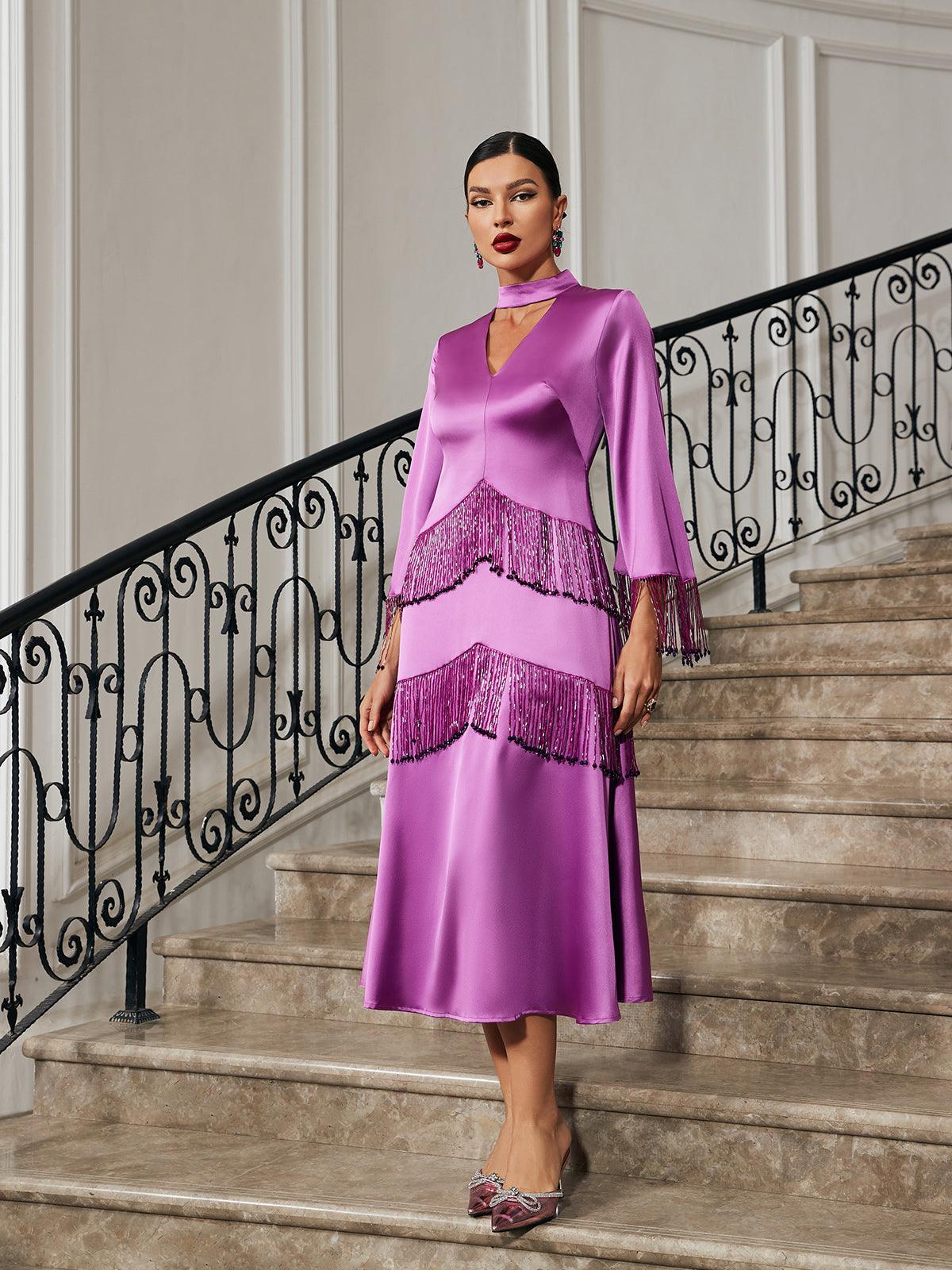 Thandie Işıltılı Fringes Saten Elbise