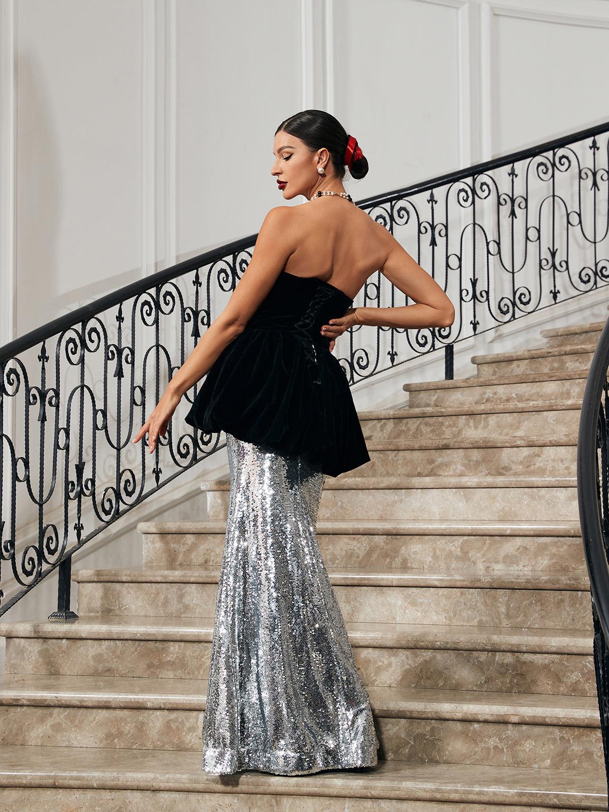 Trudy Straplez Kadife Deniz Kızı Maxi Elbise