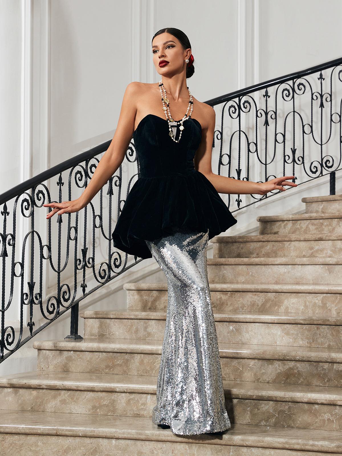 Trudy Straplez Kadife Deniz Kızı Maxi Elbise